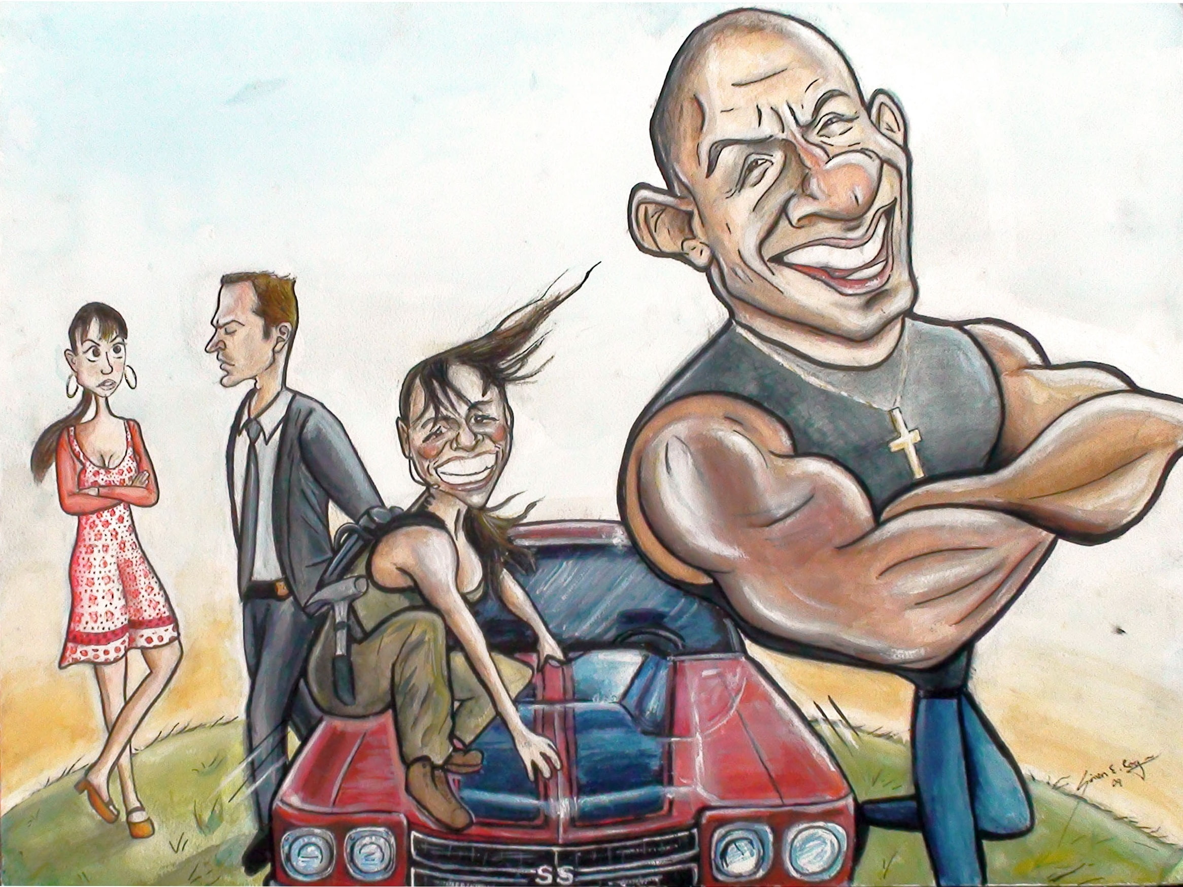 creativity, art and craft, female likeness, Brian OConner, Michelle Rodriguez, 1080P, painting, human representation, male likeness, outdoors, VIN Diesel, HD Wallpaper
