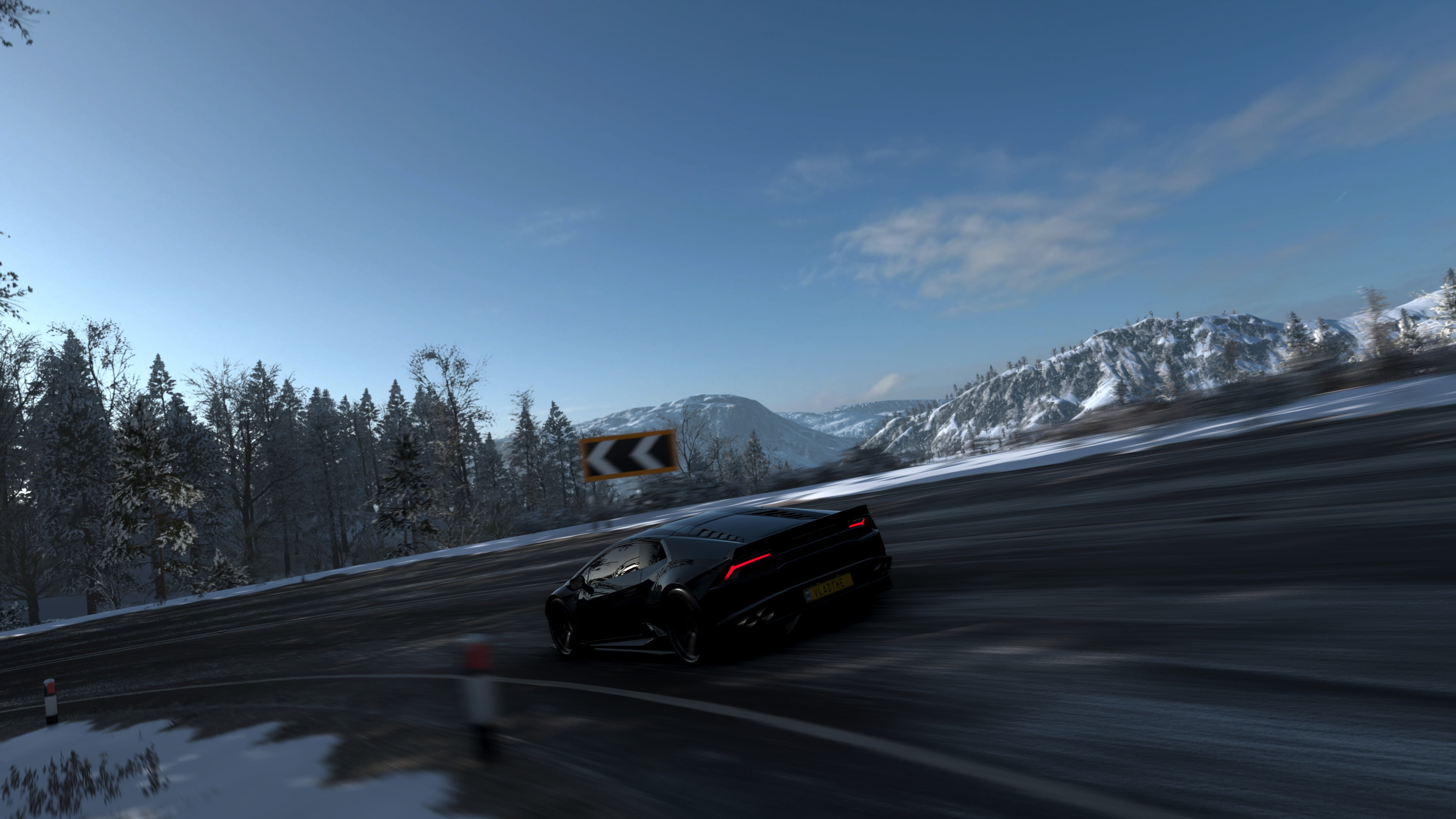 tree, speed, motion blur, Forza Games, sky, no people, transportation, blurred motion, screen shot, snow, mountain range, outdoors, mode of transportation, HD Wallpaper