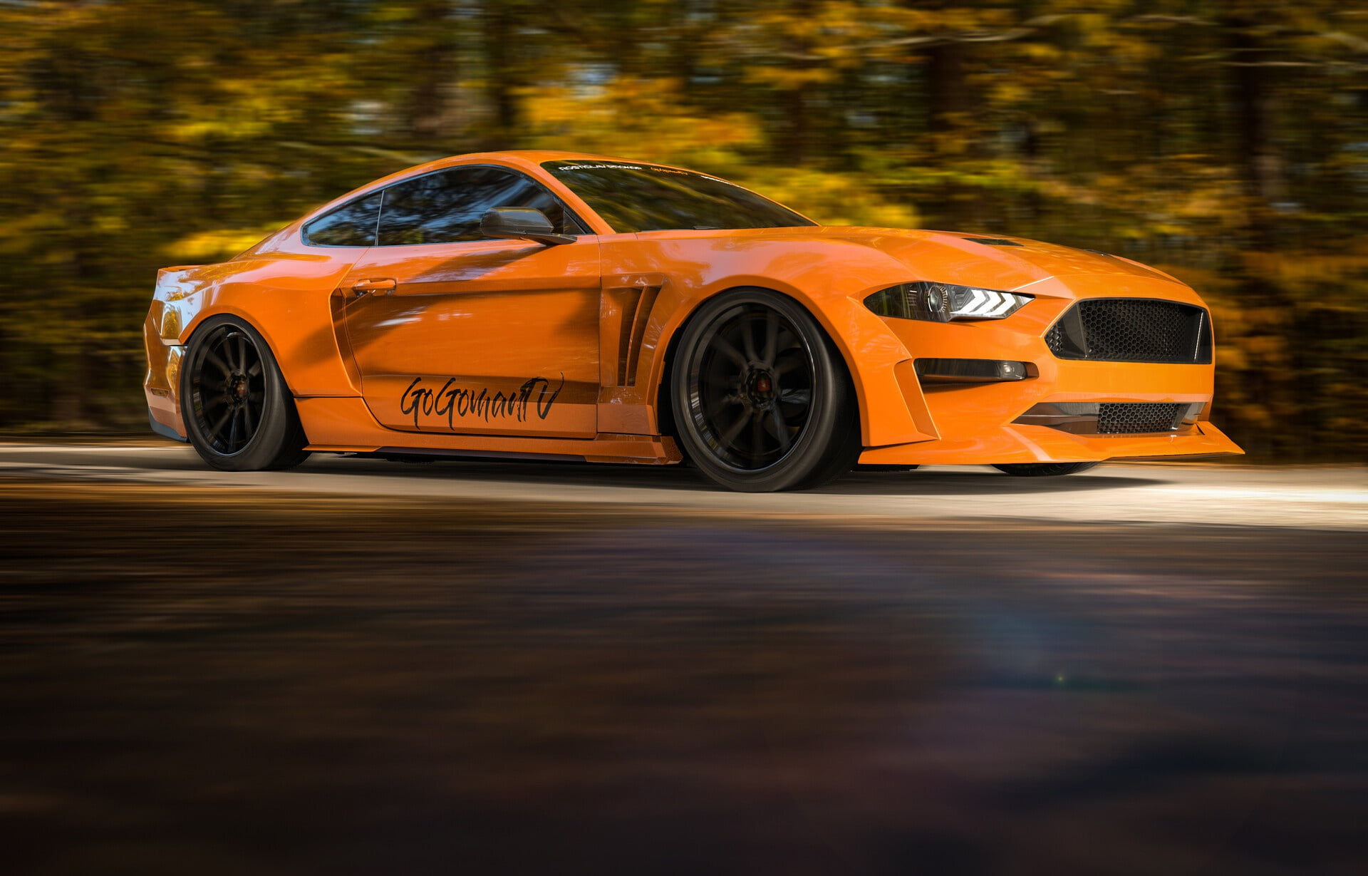 1080P, Transport and Vehicles, Mustang, Orange, Auto, Mustang Go Go, Rendering, Ford Mustang, Rostislav Prokop, Machine, by Rostislav Prokop, HD Wallpaper