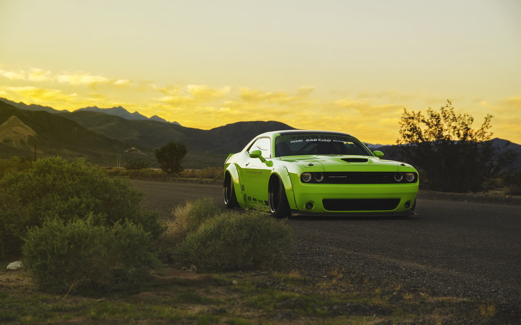green, liberty walk, tuning, low, muscle car, 1080P, Dodge Challenger, HD Wallpaper