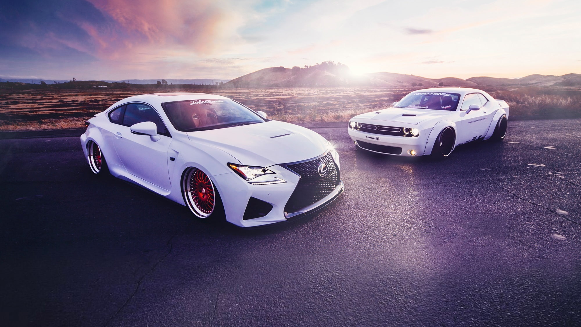 Challenger, 1080P, Walk, Sunset, Liberty, Dodge, White, RC350, Lexus, Front, Cars, Stance, Sport, HD Wallpaper