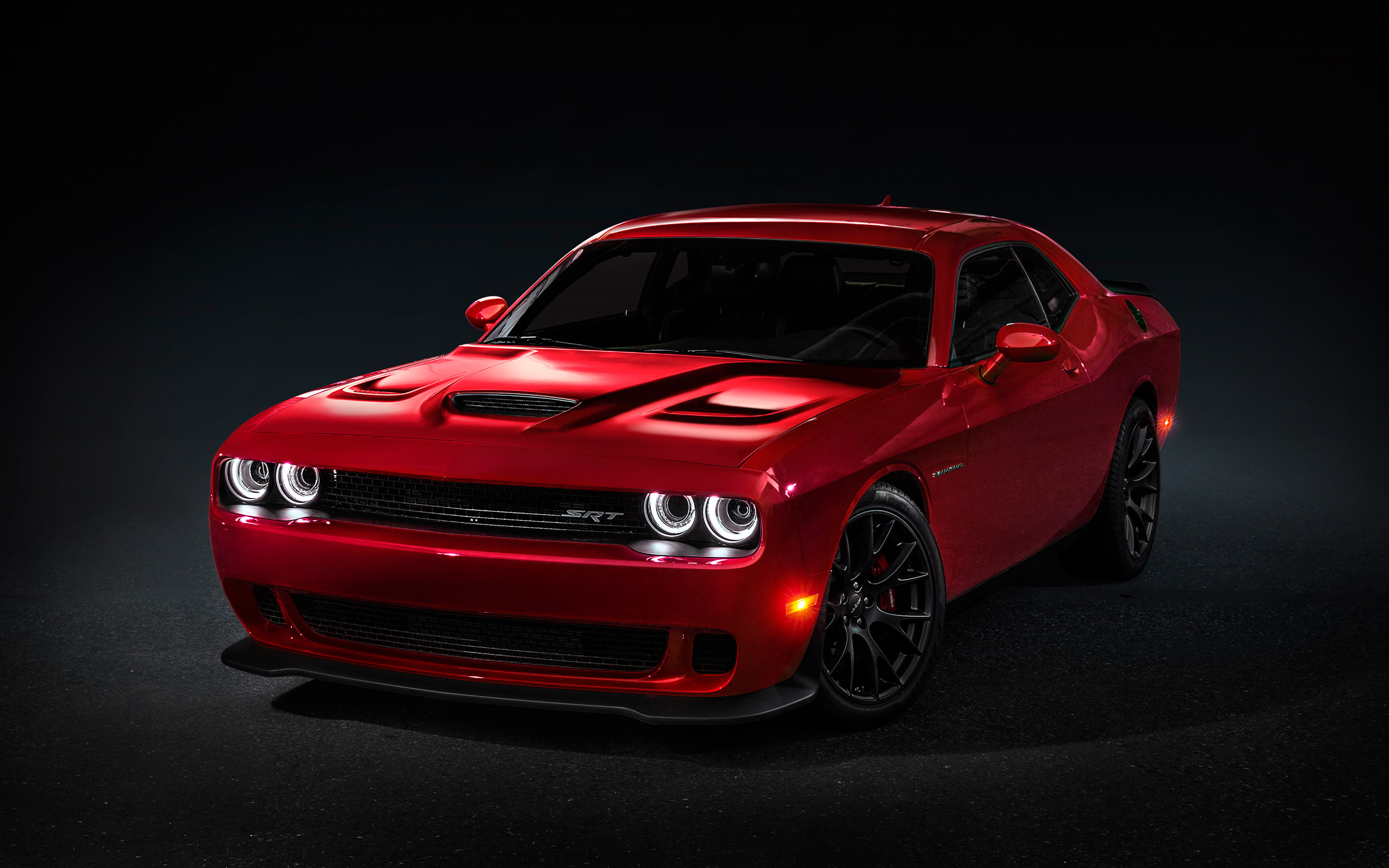 studio shot, mode of transportation, 2K, collectors car, red, sports car, car, Hellcat, chrome, Challenger, luxury, 2015, illuminated, srt, indoors, dark, HD Wallpaper