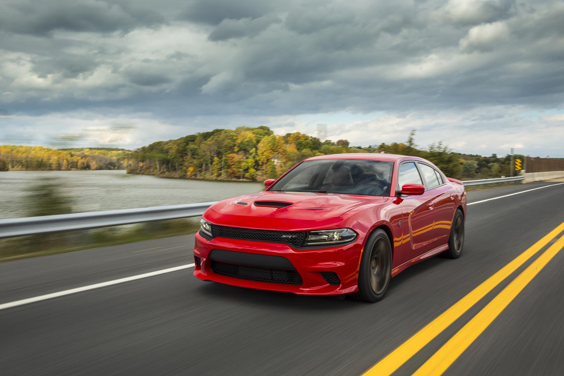 car, transportation, speed, srt, 1080P, motor vehicle, red, road trip, mode of transportation, road, motion, hellcat, sky, water, day, charger, land vehicle, HD Wallpaper