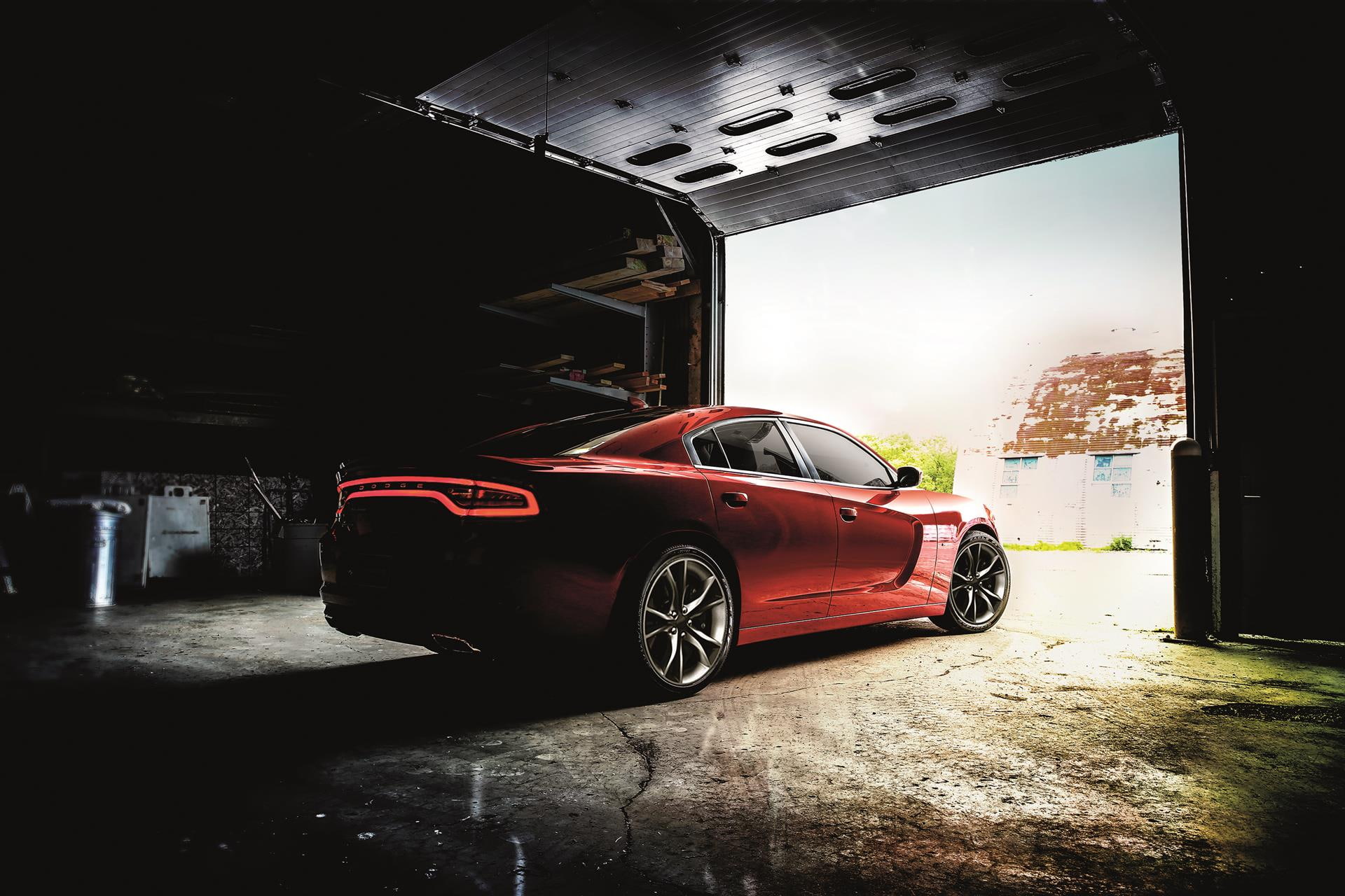 charger, no people, motor vehicle, car, 1080P, transportation, city, dodge, architecture, sedan, red, srt, window, indoors, built structure, building, HD Wallpaper