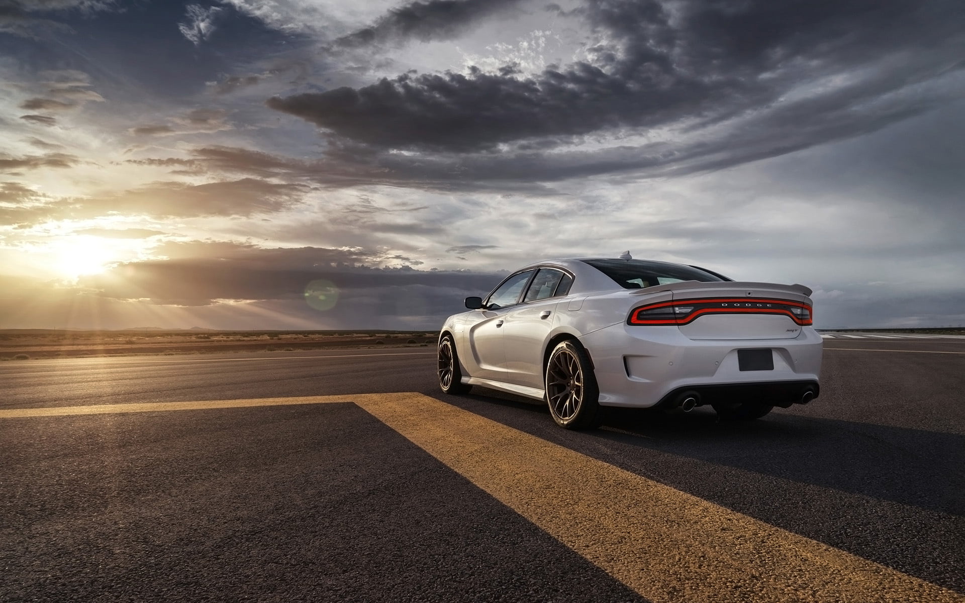 motion, road, background, nature, transportation, land vehicle, Charger, car, sign, sunlight, outdoors, road trip, beauty in nature, Dodge, Hellcat, the sky, HD Wallpaper