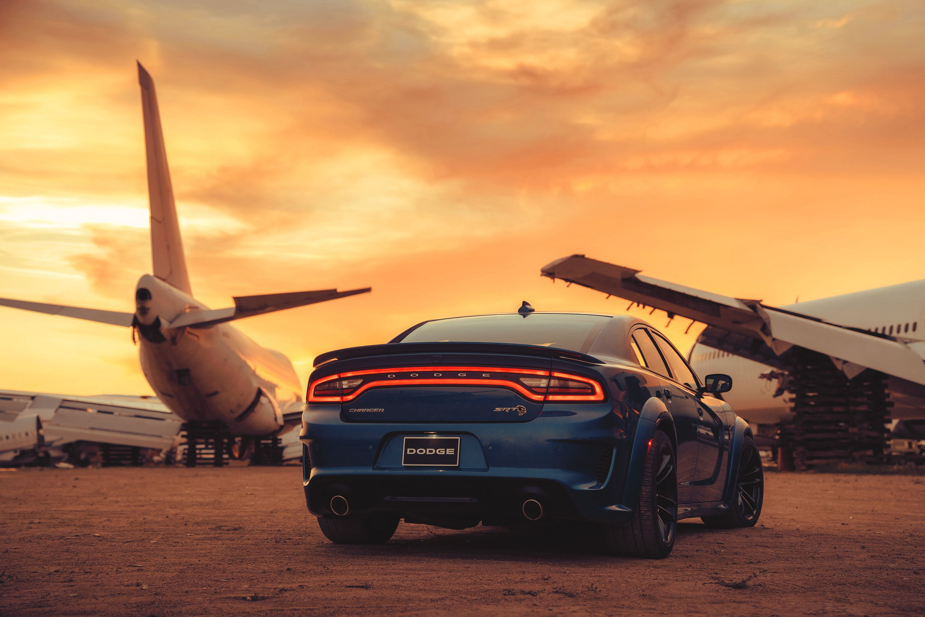 Dodge charger srt hellcat widebody, Blue, 2K, Aircraft, Sunset, Car, Muscle, Desert, HD Wallpaper