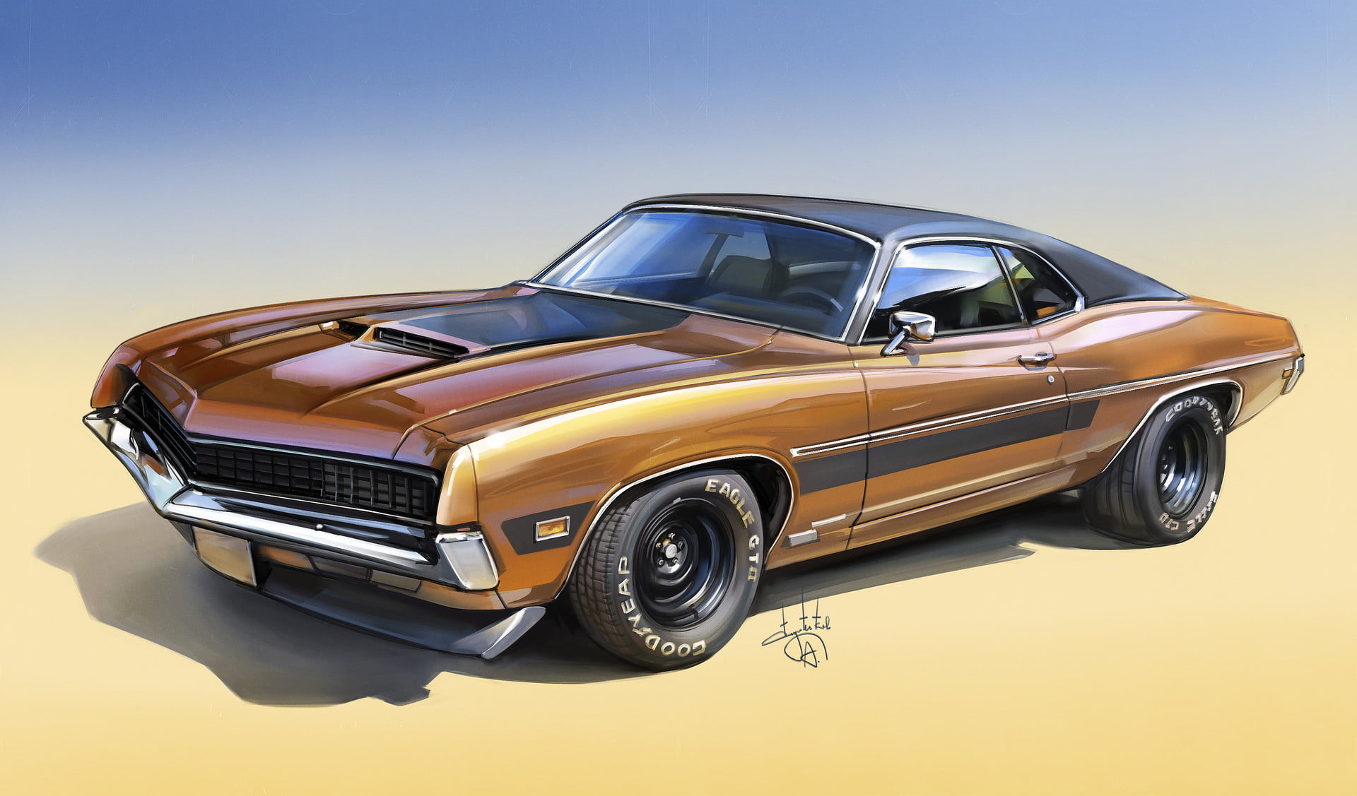 Ford Torino, Aleksandr Sidelnikov, 1080P, simple background, Ford, HD Wallpaper