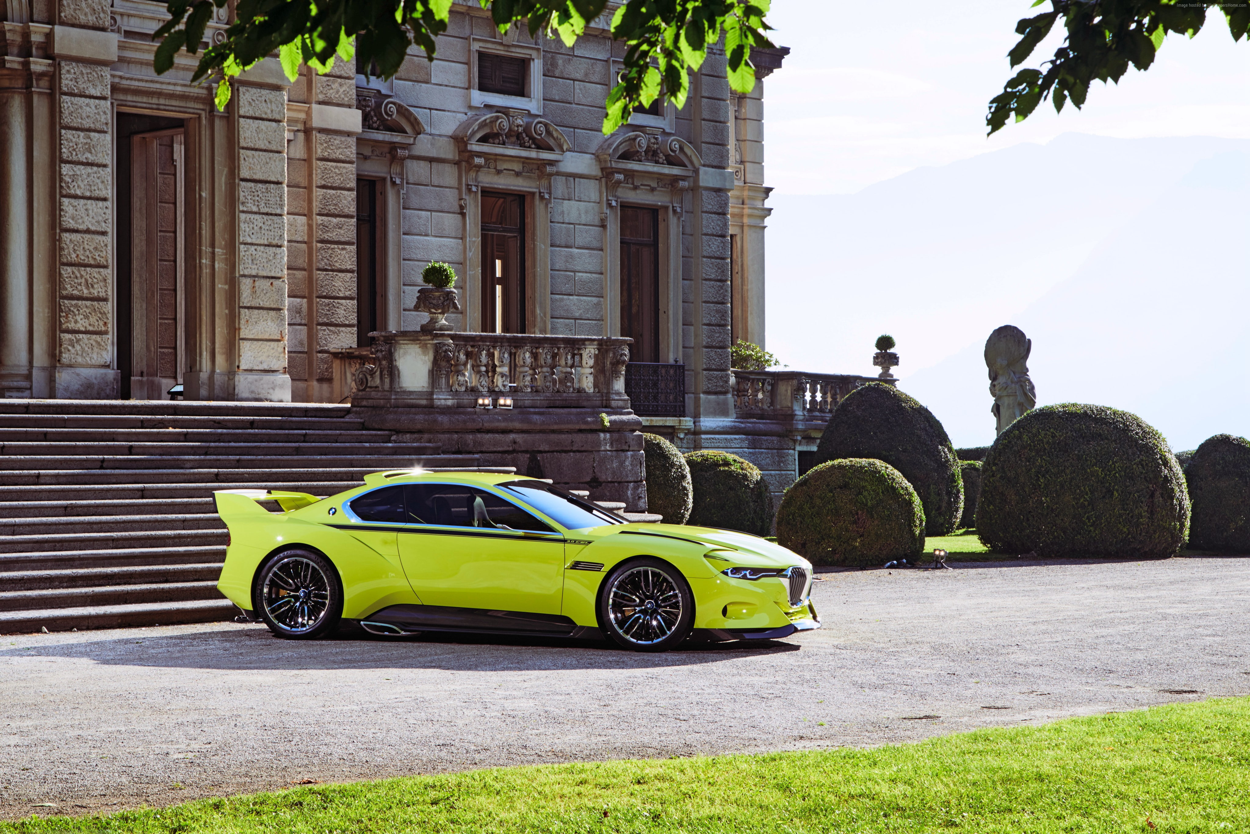 4K, plant, sports car, car, sDrive, motor vehicle, building exterior, sky, luxury, BMW 3.0 CSL, tree, outdoors, retro styled, sunlight, day, yellow, street, HD Wallpaper