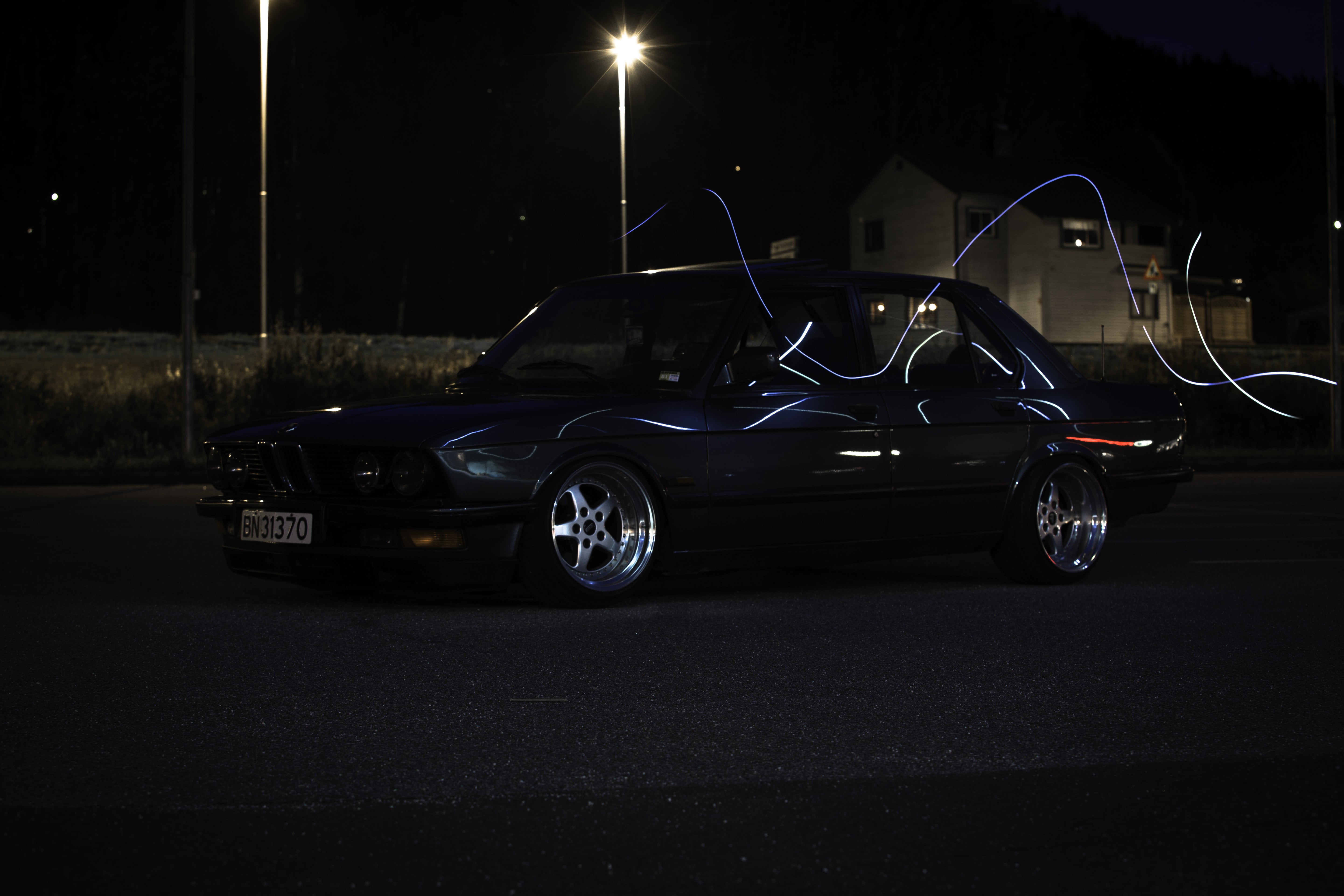 BMW E28, land vehicle, street light, outdoors, hatchback, German cars, Stance, lowered, no people, light - natural phenomenon, night, motor vehicle, mode of transportation, HD Wallpaper
