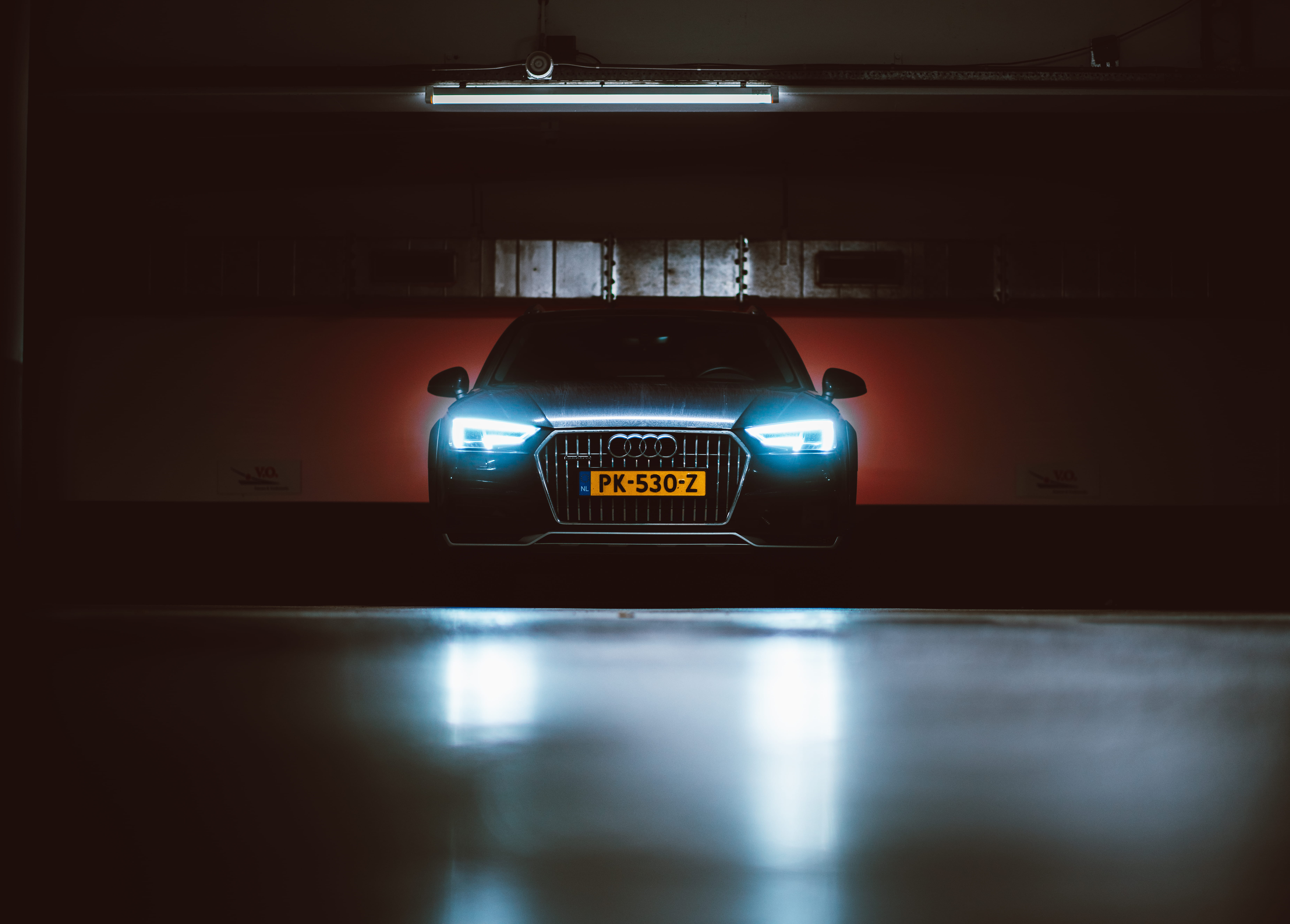 indoors, vehicle, motor vehicle, 2018, black, land vehicle, led, headlight, text, audi, illuminated, time, no people, close-up, 2019, mode of transportation, HD Wallpaper