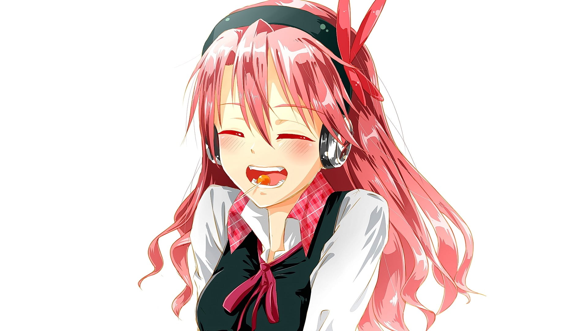 smiling, 1080P, closed eyes, mask, red, human representation, headphones, celebration, anime girls, disguise, white background, male likeness, anime, Akame ga Kill!, HD Wallpaper