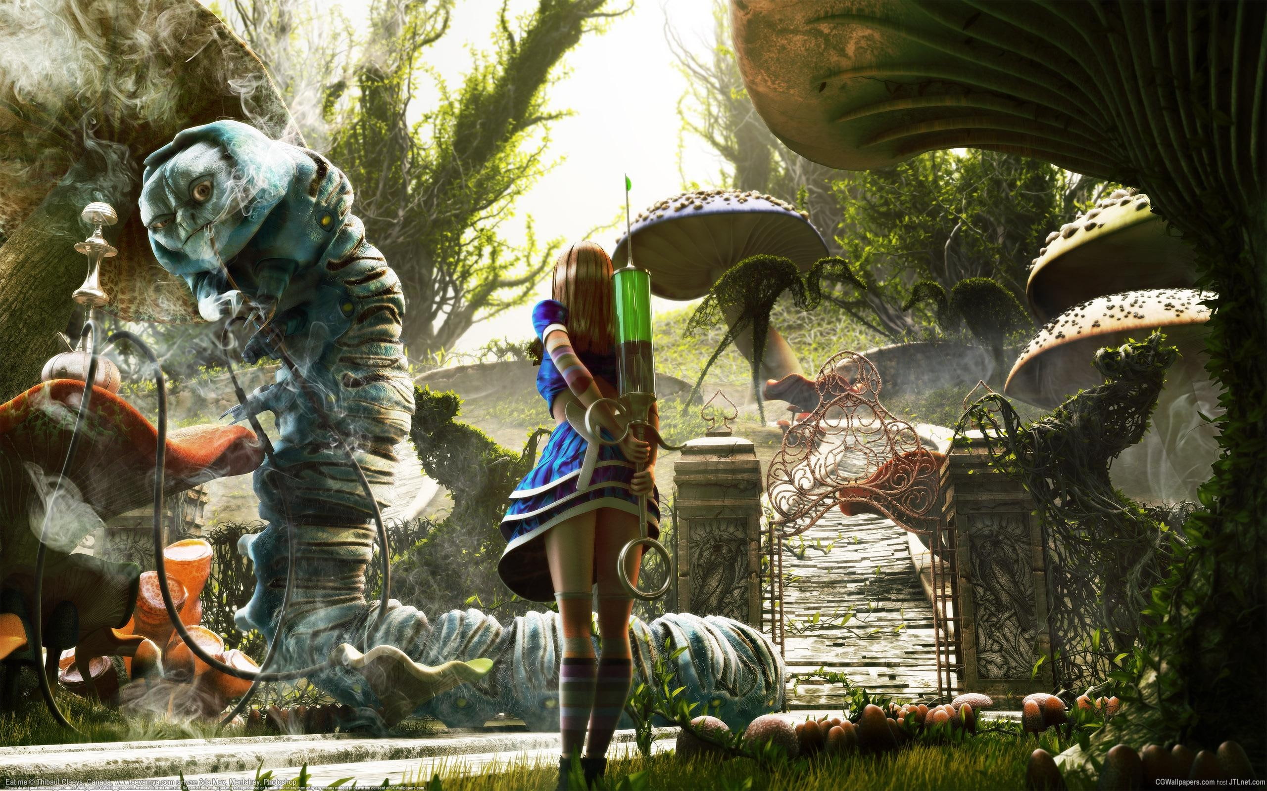 alice, creature, 2K, monster, worm, wonderland, syringe, hookah, fantasy, HD Wallpaper