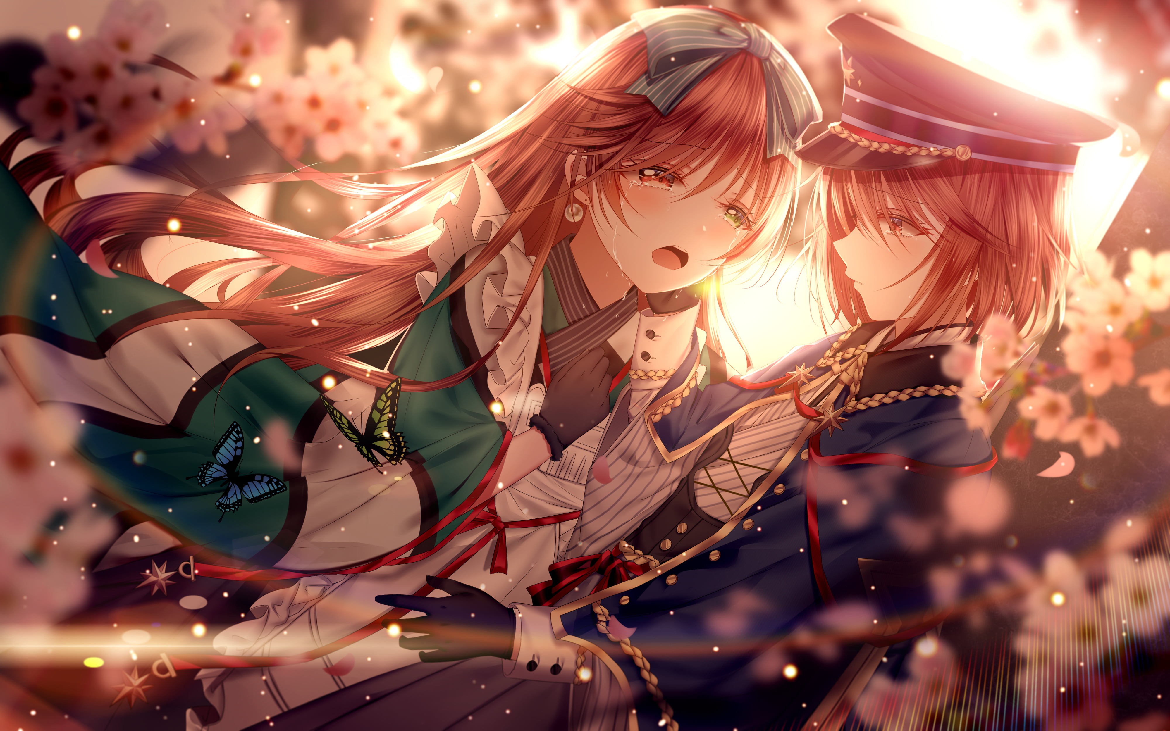 sunset, dress, women, profile, black gloves, apron, long hair, Rozen Maiden, crying, anime girls, ribbon, gloves, tears, cherry blossom, artwork, berets, HD Wallpaper