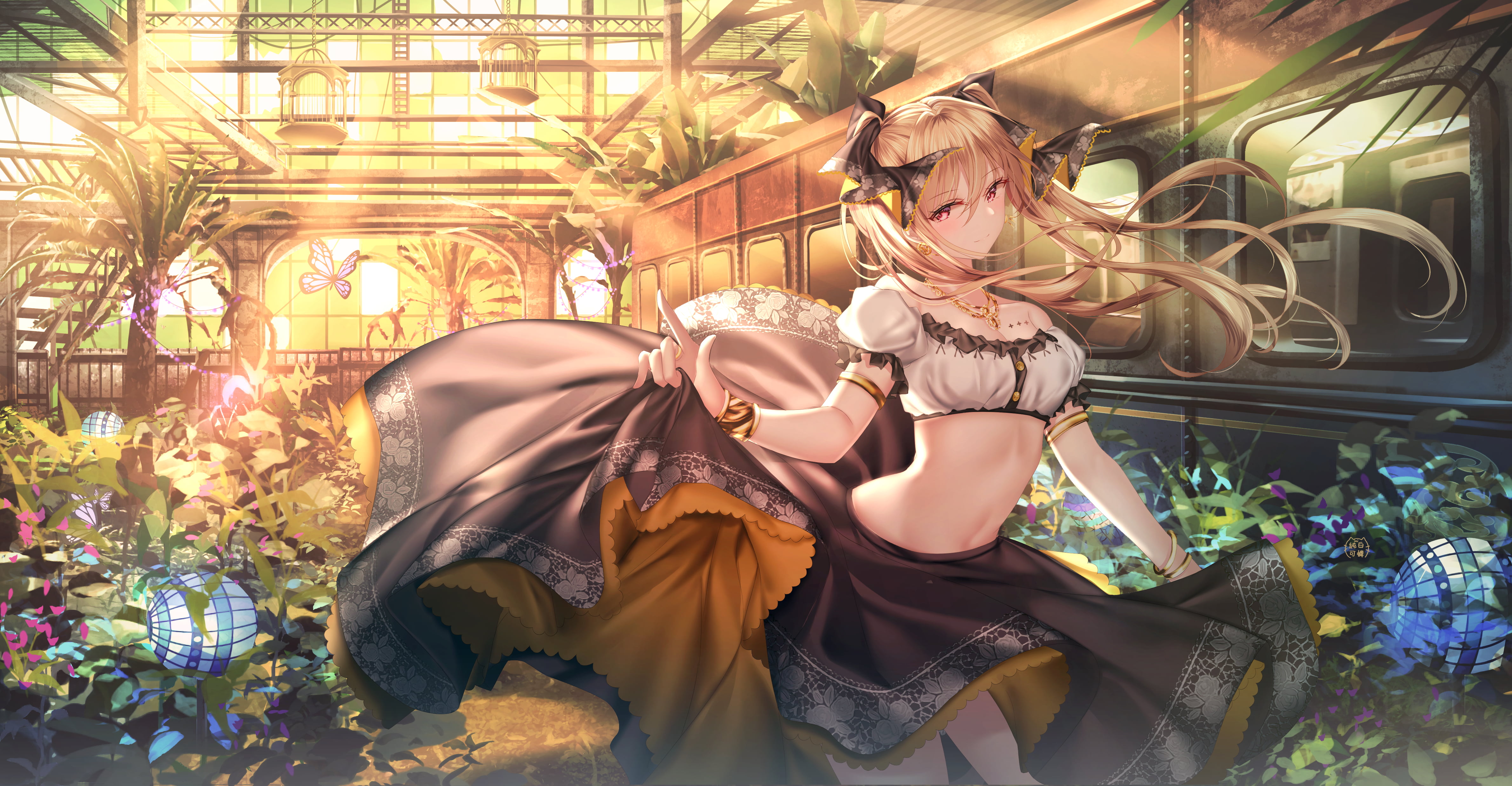 butterflies, junpaku karen, digital art, necklace, 4K, jewelry, hair accessories, belly, 2D, bare shoulders, sun rays, hair bows, sunlight, drawing, anime girls, HD Wallpaper