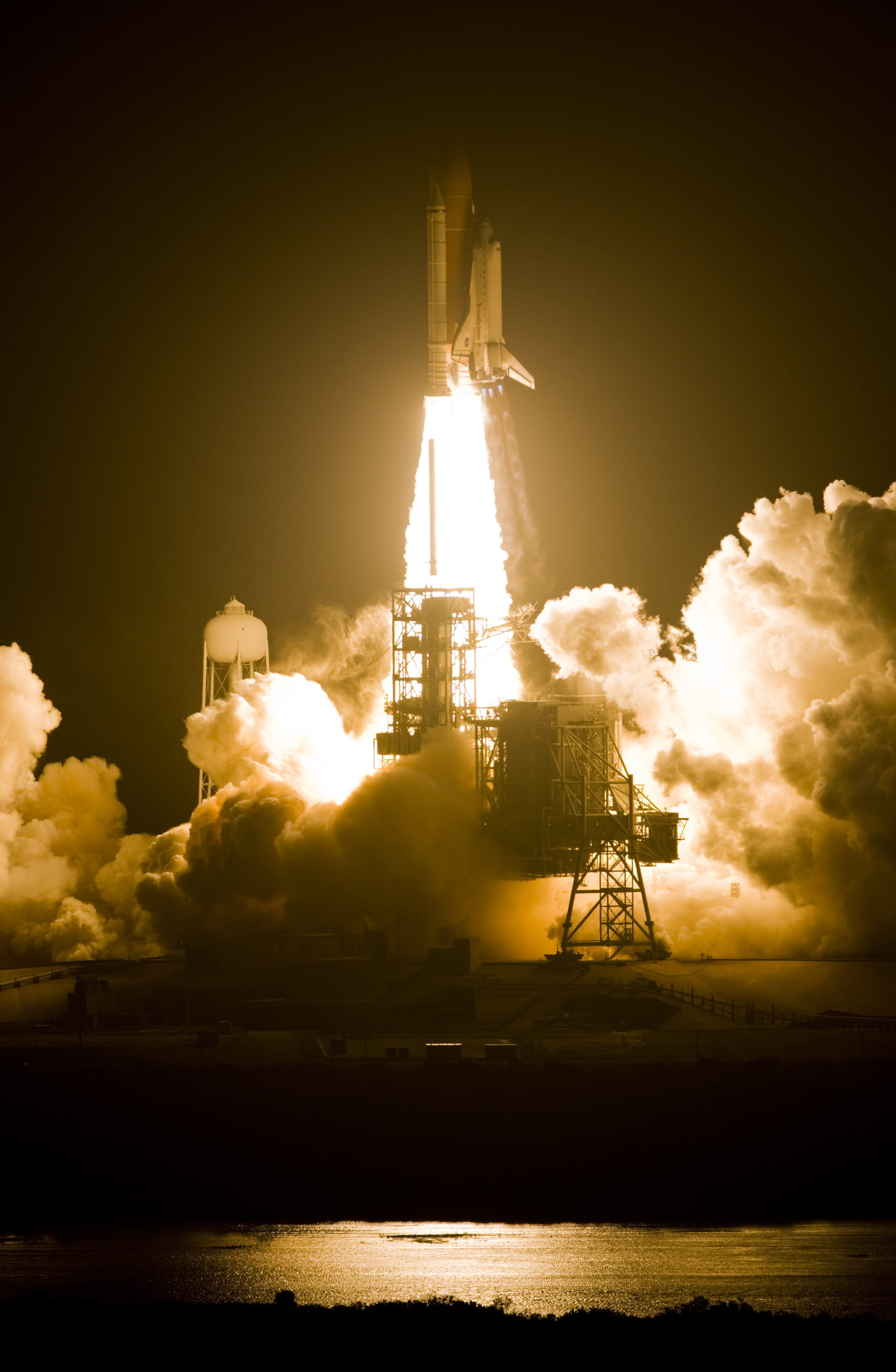 reflection, night, sea, nature, transportation, built structure, water, launchpad, outdoors, mode of transportation, rocket, oil pump, lens flare, Liftoff, Phone HD Wallpaper