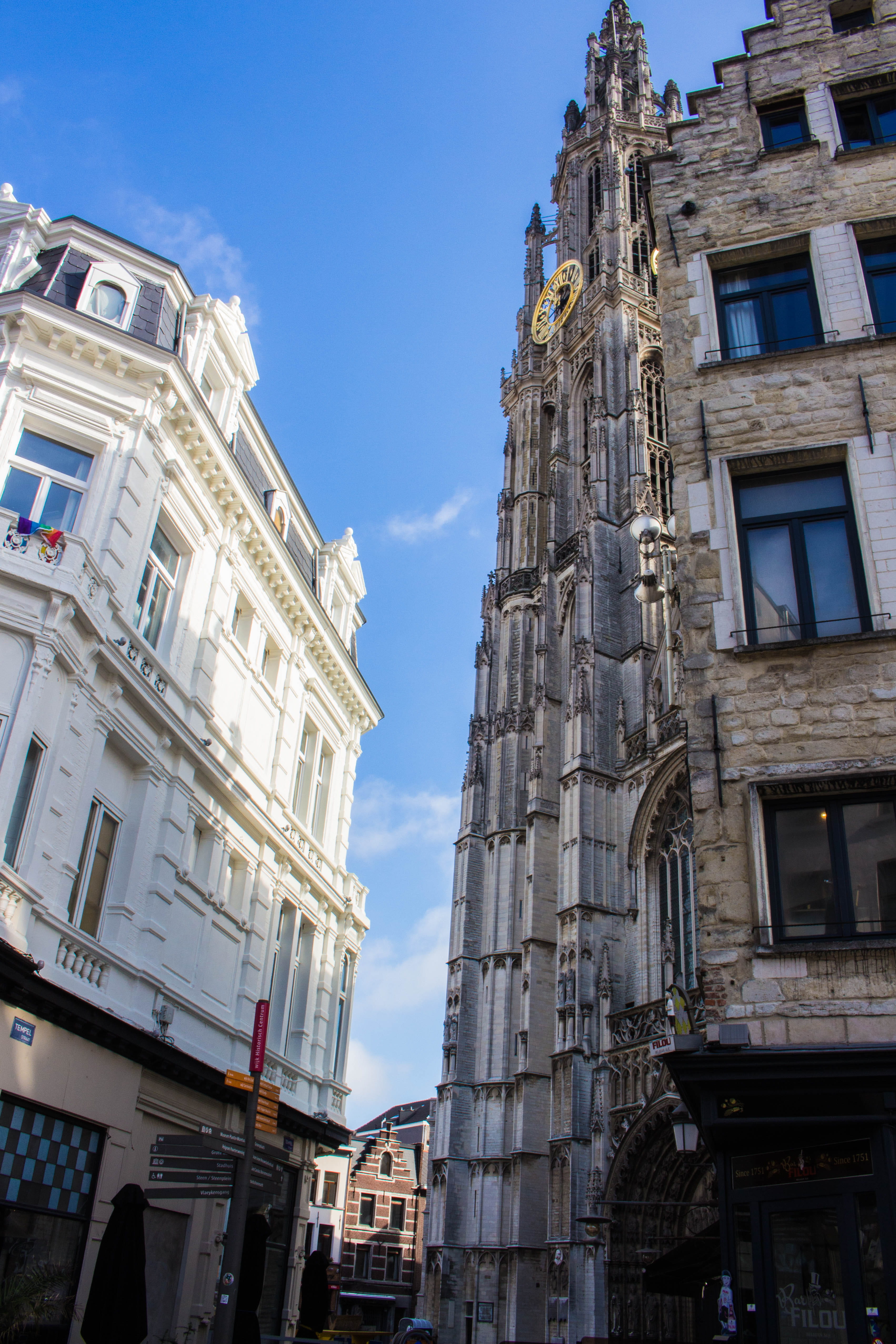no people, antwerp, cathedral, the past, residential district, clear sky, balcony, history, sky, window, architecture, historic, belgium, 4K, sunlight, Phone HD Wallpaper