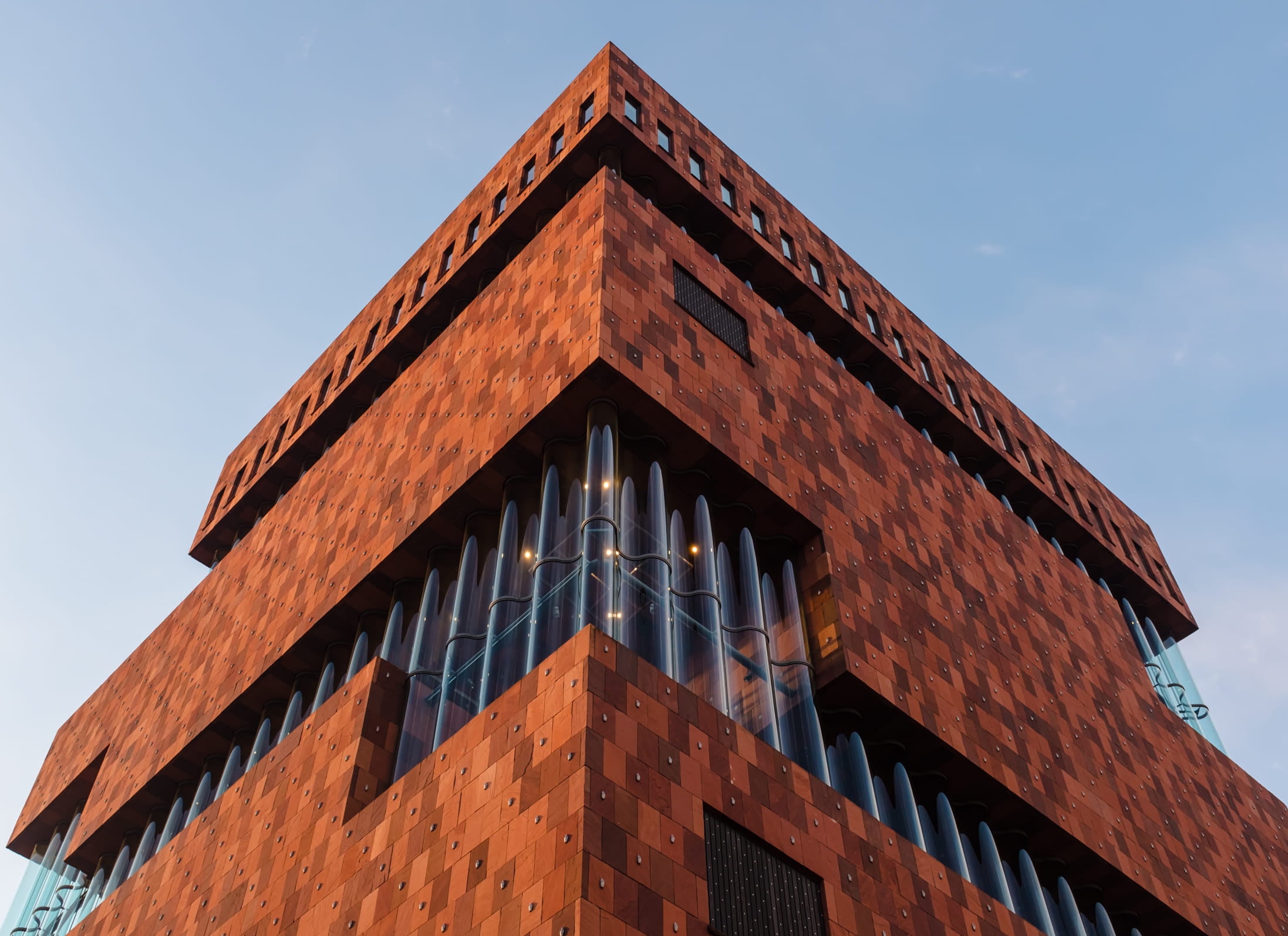 antwerpen, no people, high section, sunlight, shape, museum aan de stroom, clear sky, outdoors, belgium, low angle view, cityscape, day, orange, building exterior, HD Wallpaper