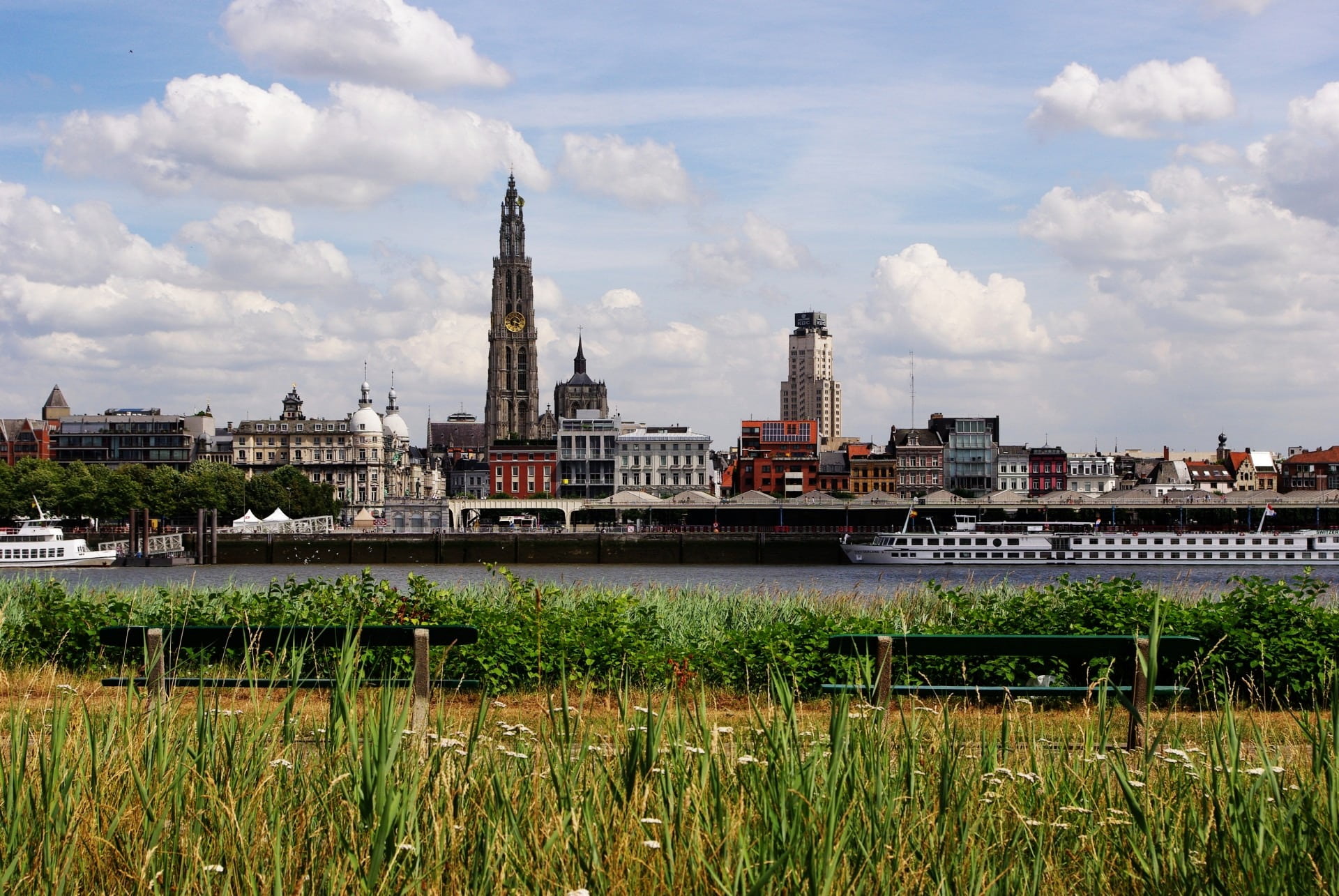 belgium, benches, building exterior, building, tower, river, day, sky, skyline, outdoors, cityscape, no people, 1080P, architecture, travel destinations, HD Wallpaper
