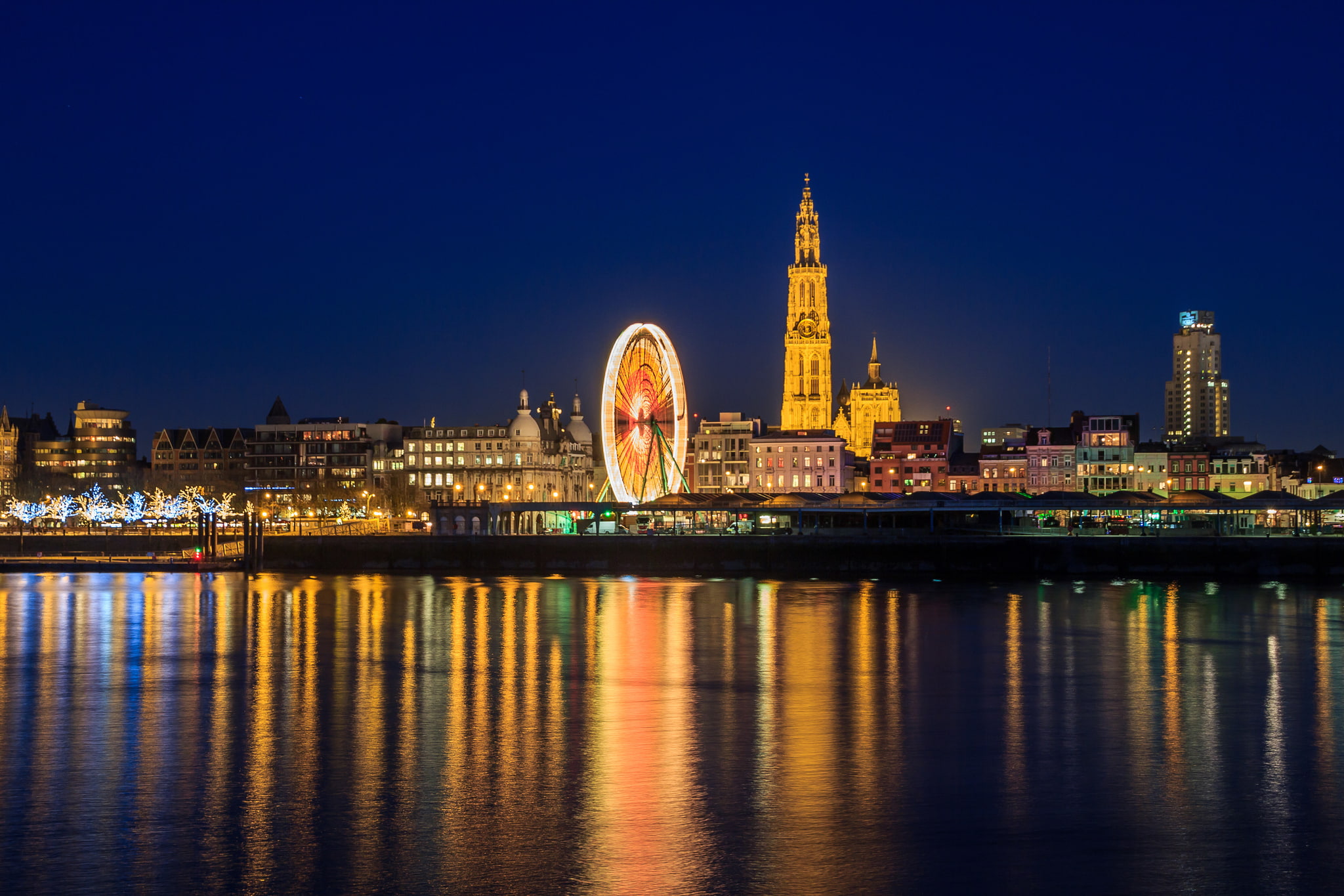 mirror, the river Scheldt, horizon, Ferris wheel, 1080P, Belgium, night, Antwerp, reflection, lights, HD Wallpaper