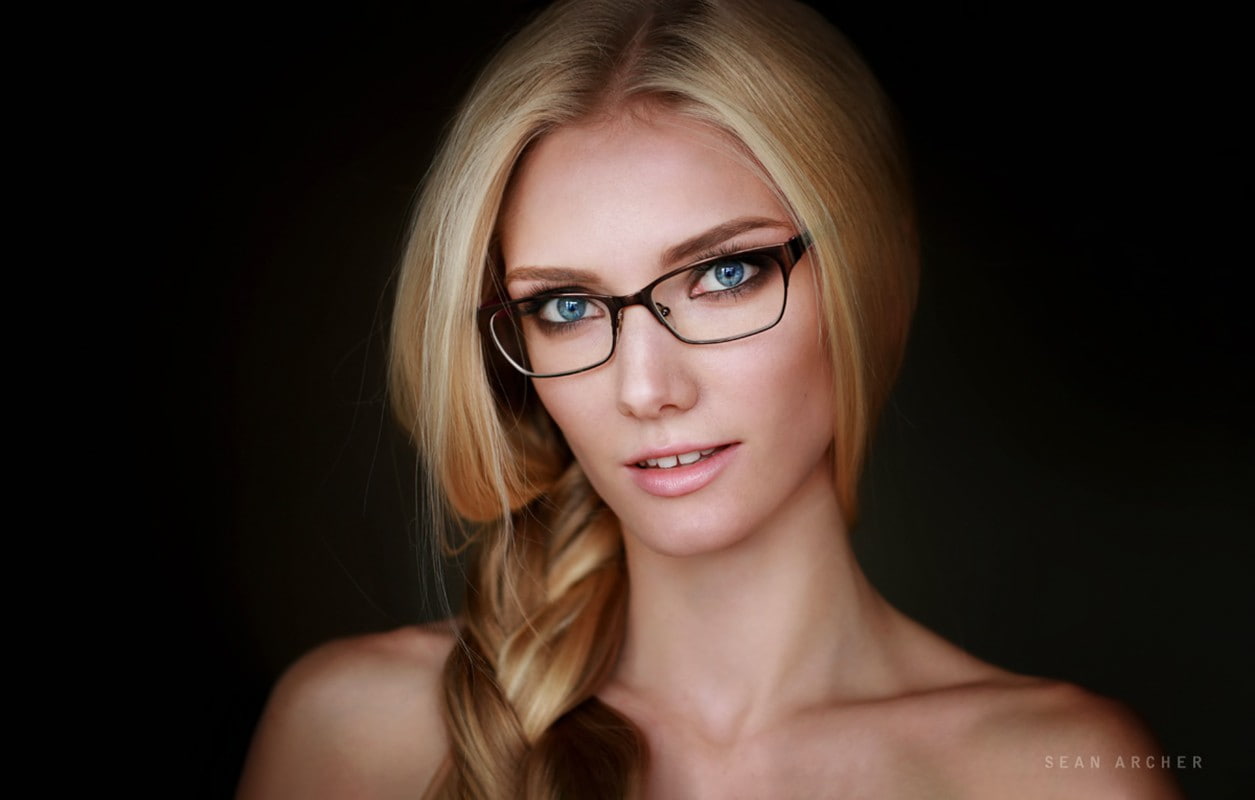 blonde, Sean Archer, glasses, looking at viewer, women with glasses, simple background, women, blue eyes, model, Victoria Pichkurova, portrait, pigtails, HD Wallpaper