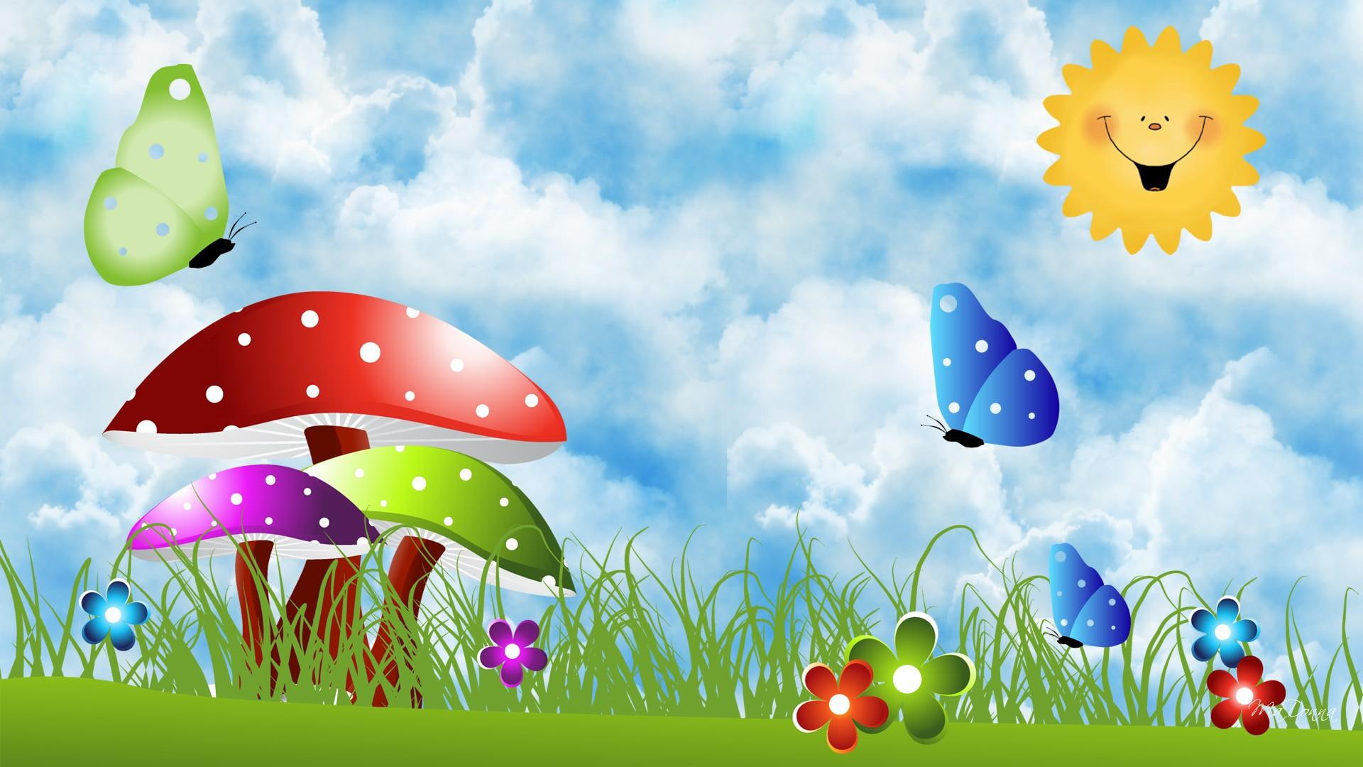 sunshine, summer, mushrooms, day, colorful, 1080P, bright, spring, perfect, meadow, flowers, toad stools, grass, HD Wallpaper