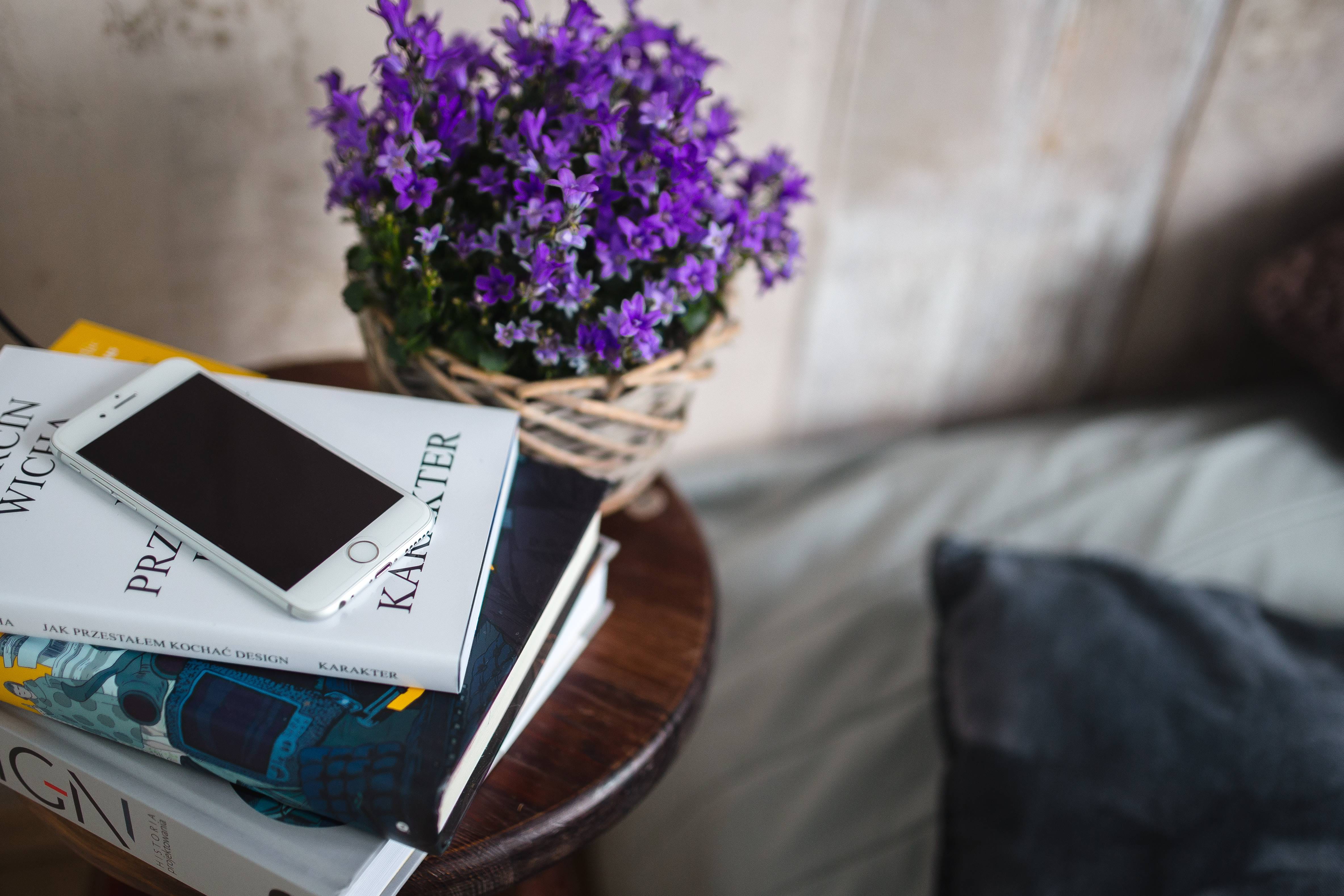 night table, plant, freshness, flowers, still life, close-up, design, indoors, day, flowering plant, literature, pillow, Books, no people, table, communication, HD Wallpaper
