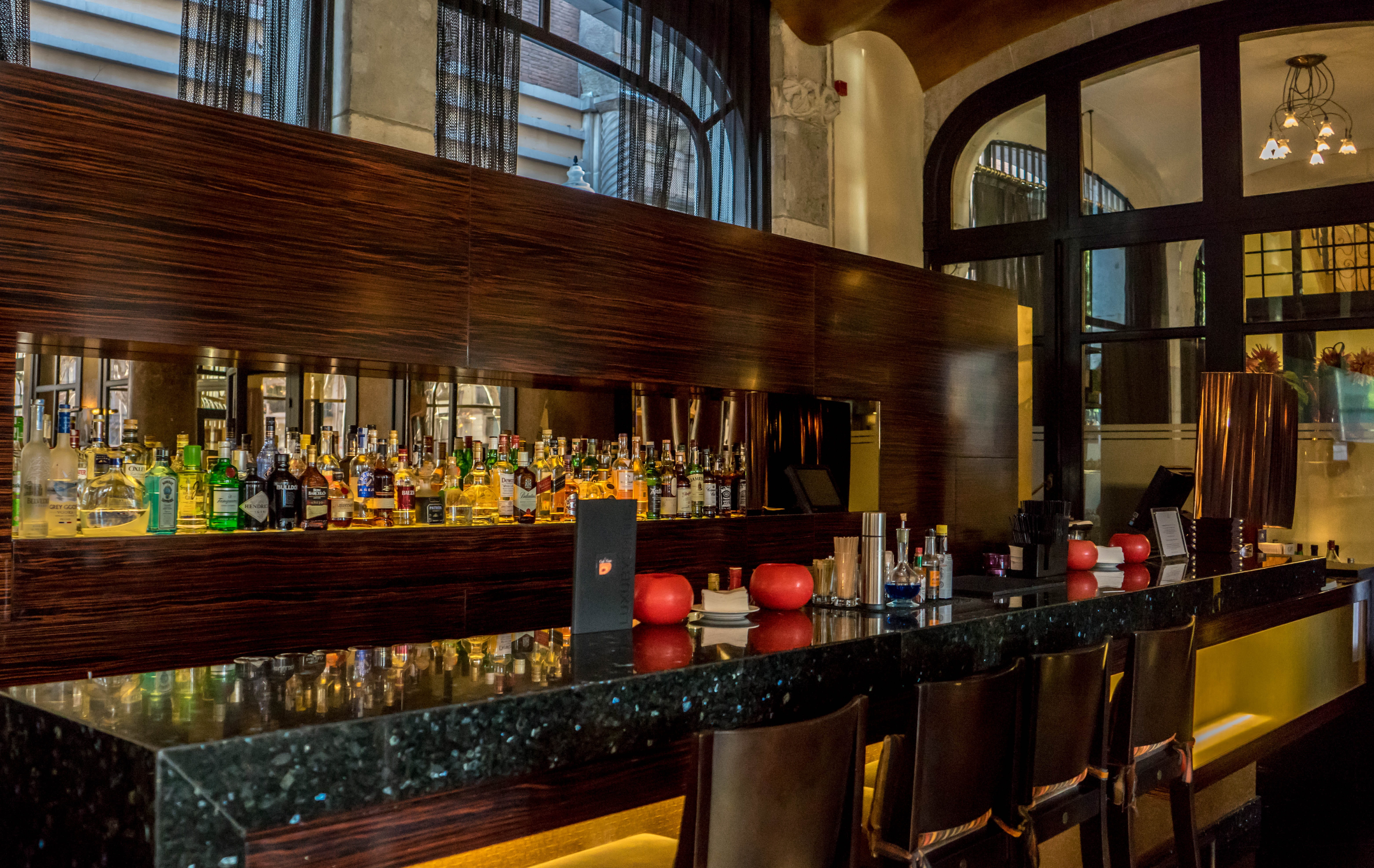 food and drink industry, bar counter, architecture, seat, bottle, casa fuster hotel, container, food and drink, club, business, stool, glass, pub, food, HD Wallpaper