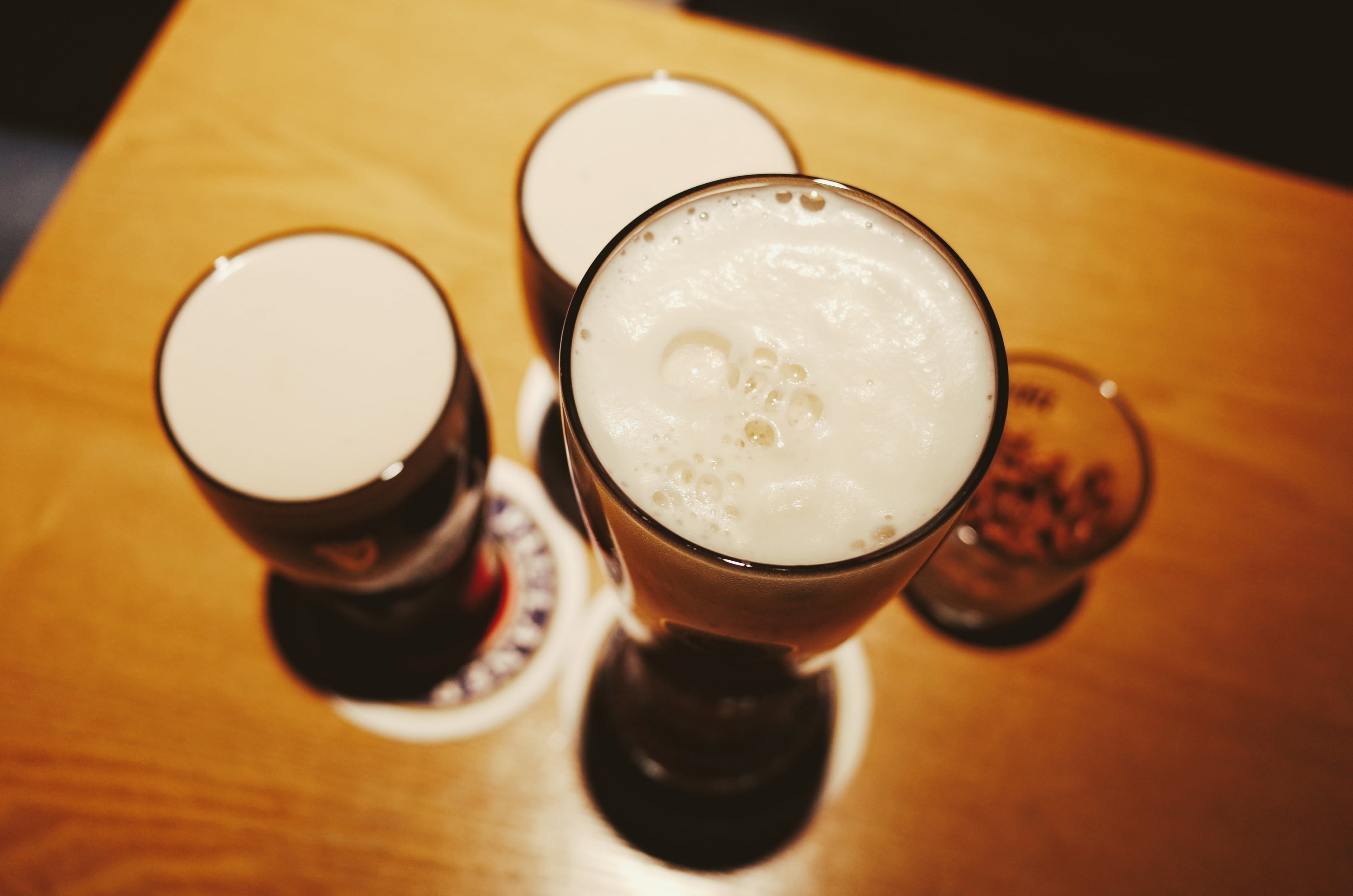 wood - material, beverage, drinking glass, drink, tray, beer, household equipment, four, high angle view, beer - alcohol, table, drinks, glasses, drinking, HD Wallpaper