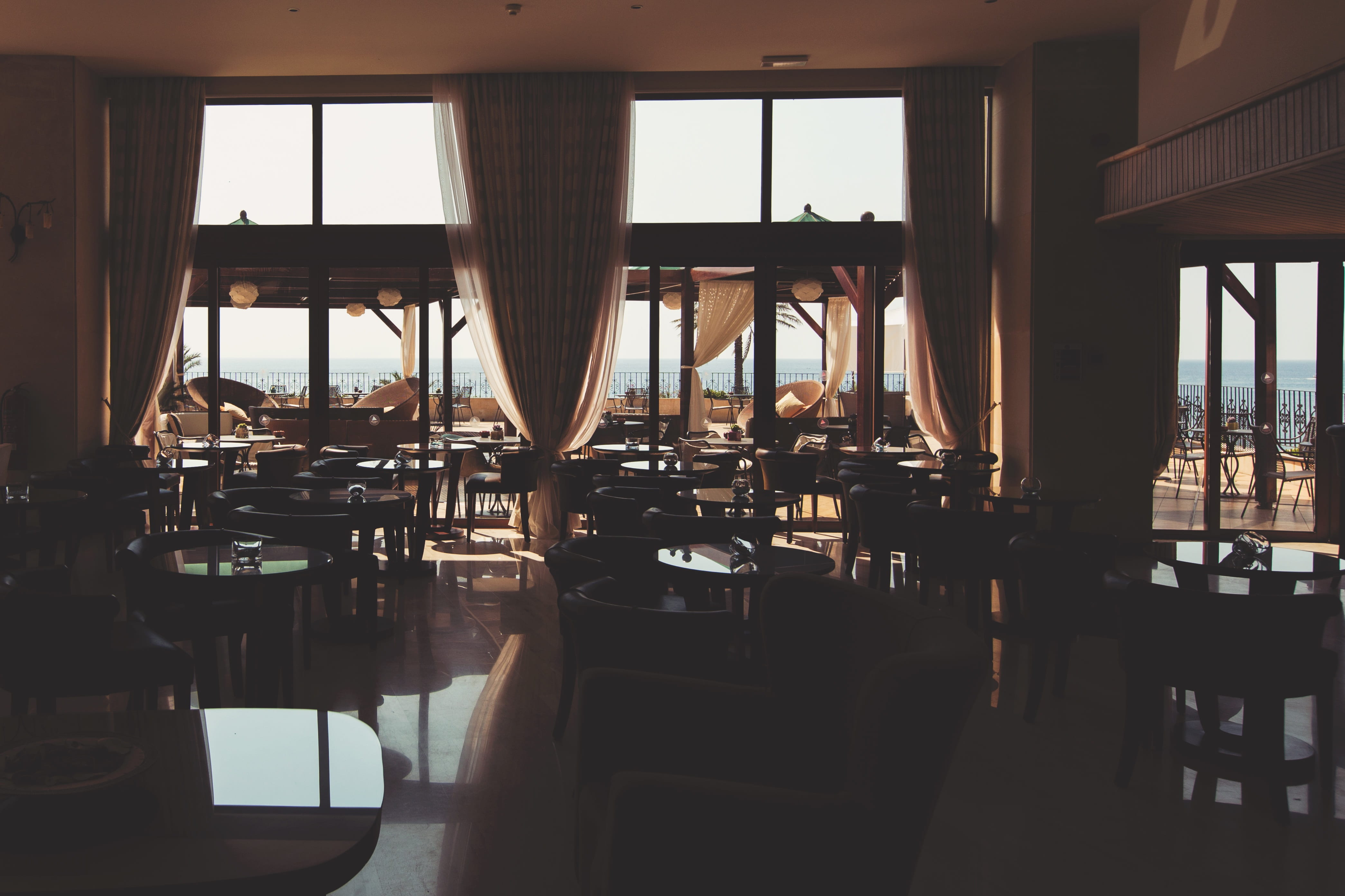 transparent, curtains, event, place, drink, 4K, near, indoors, table, terrace, eat, decoration, view, chairs, big, seat, chair, absence, no people, in a row, HD Wallpaper