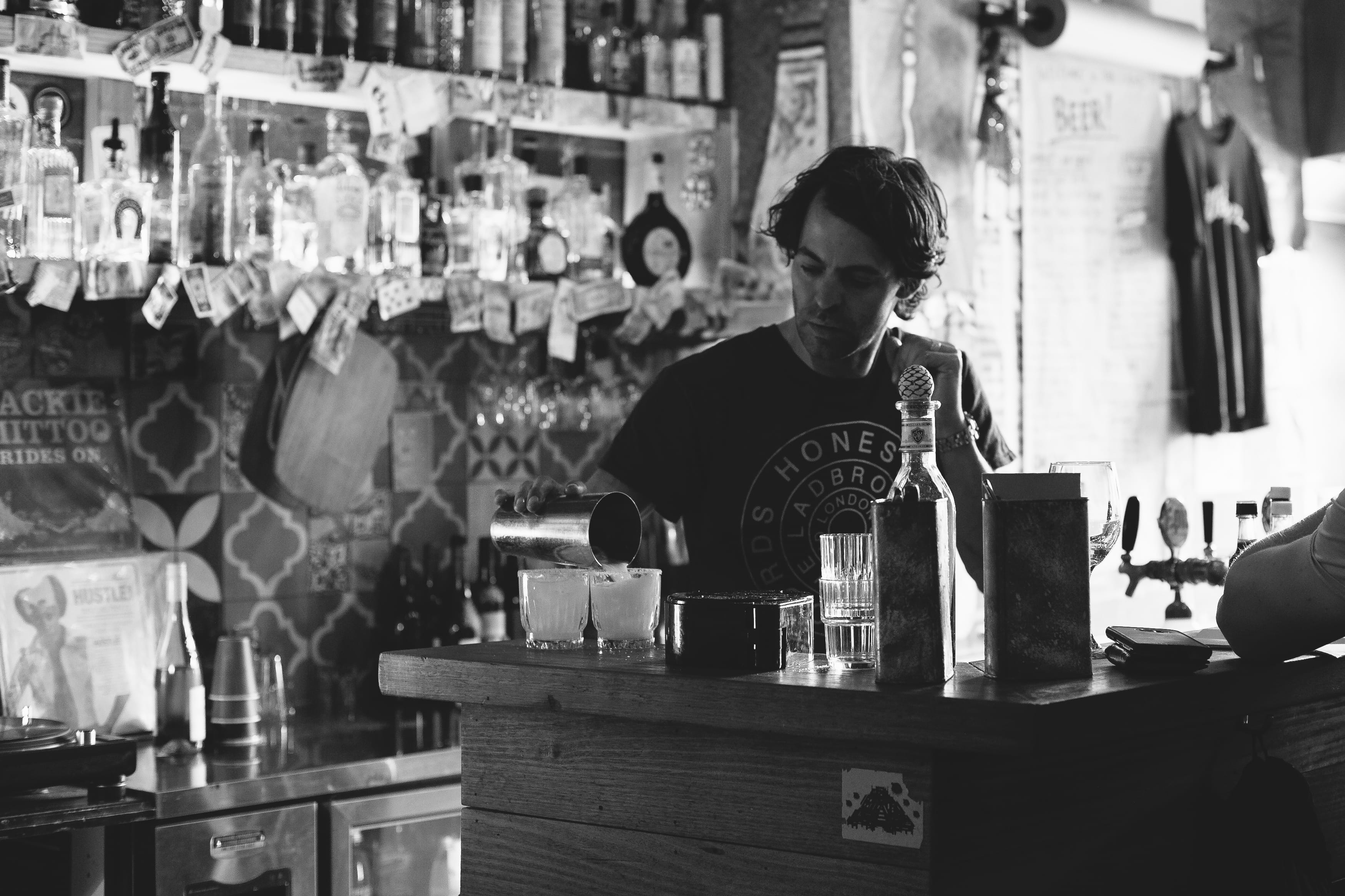 indoor, black and white, person, cup, retail, inside, bartender, overcoat, melbourne, drink, container, bar, pub, indoors, waist up, one person, human, HD Wallpaper