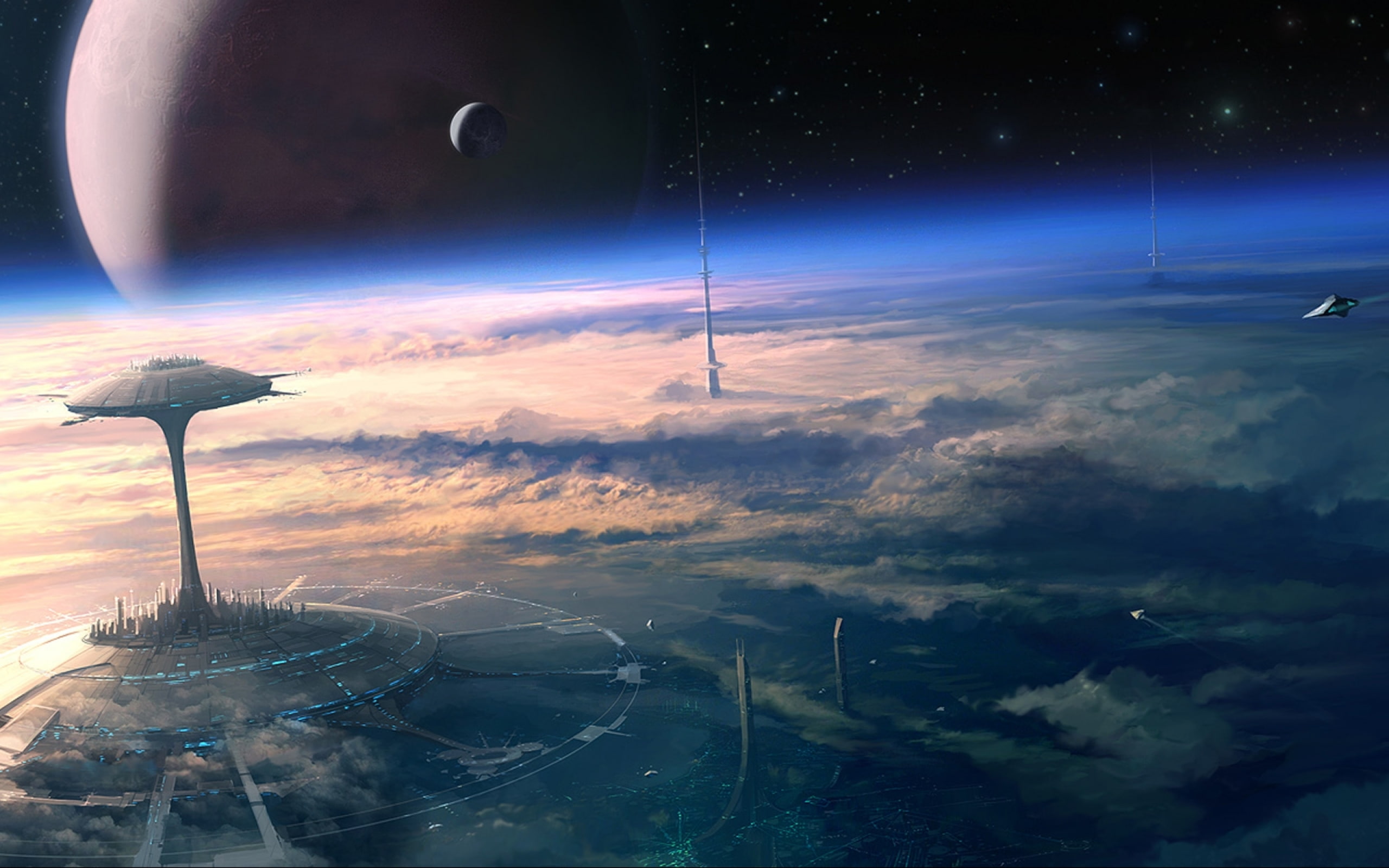 planets, Moon, hd, 2K, planet, station, orbit, Space, art, HD Wallpaper