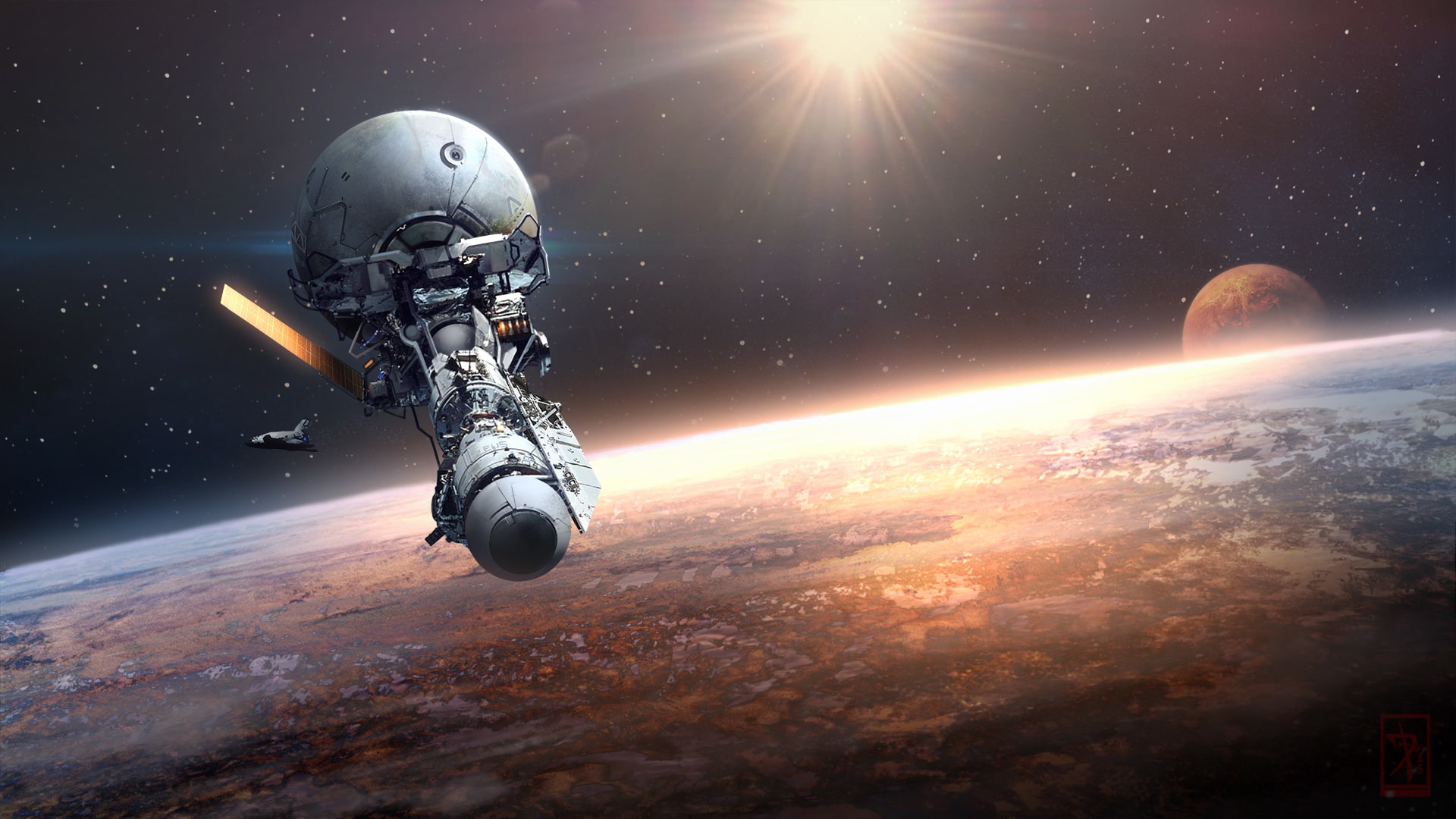 power, mid-air, no people, speed, nature, sunlight, orbiting, technology, gray, lens flare, three Dimensional, star - Space, space, sport, sun, Orbital Station, HD Wallpaper
