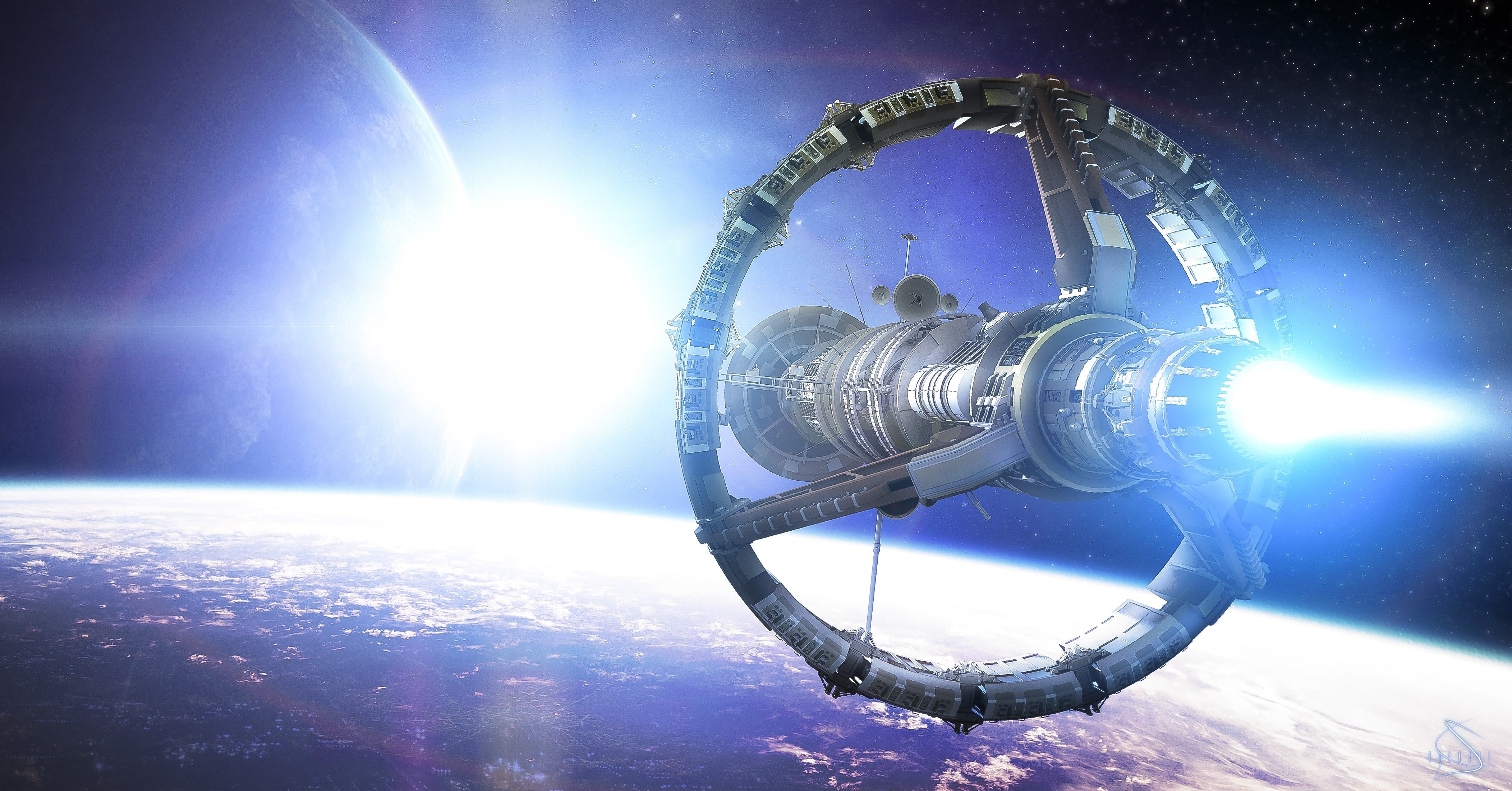 orbit, station, star, ship, space, planet, art, 4K, HD Wallpaper