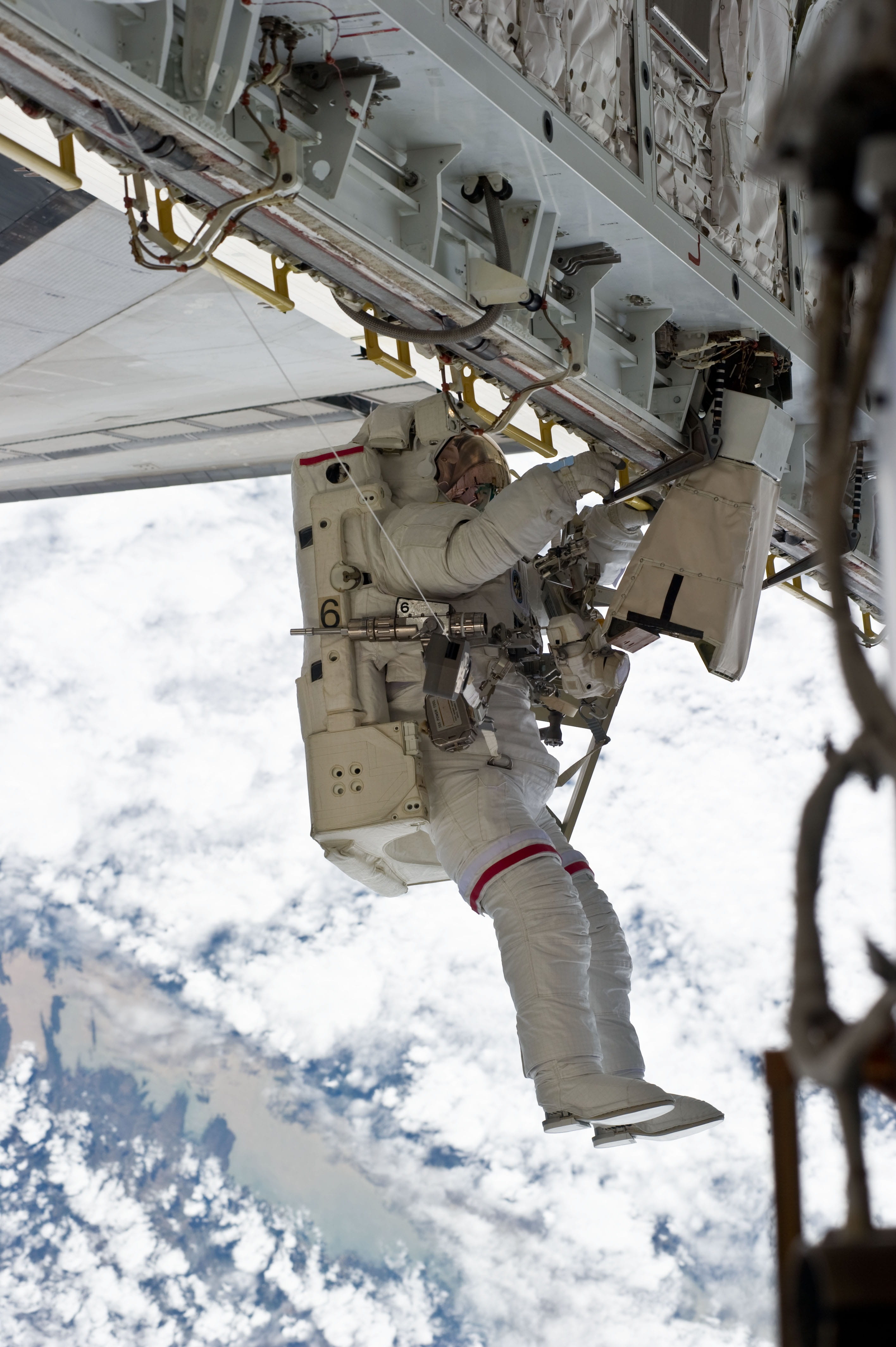 hanging, Spacecraft, white color, beauty in nature, Spacewalk, outdoors, winter, mode of transportation, suit, no people, maintenance, 4K, eva, airplane, Phone HD Wallpaper