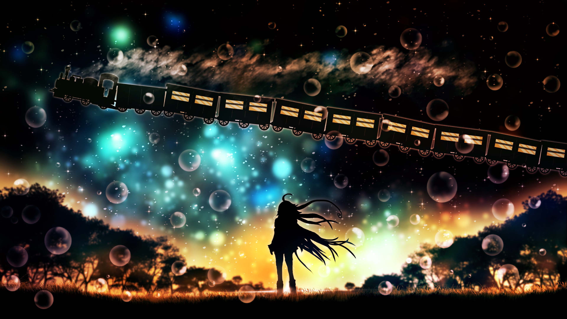 1080P, shadow, train station, night, anime girls, HD Wallpaper