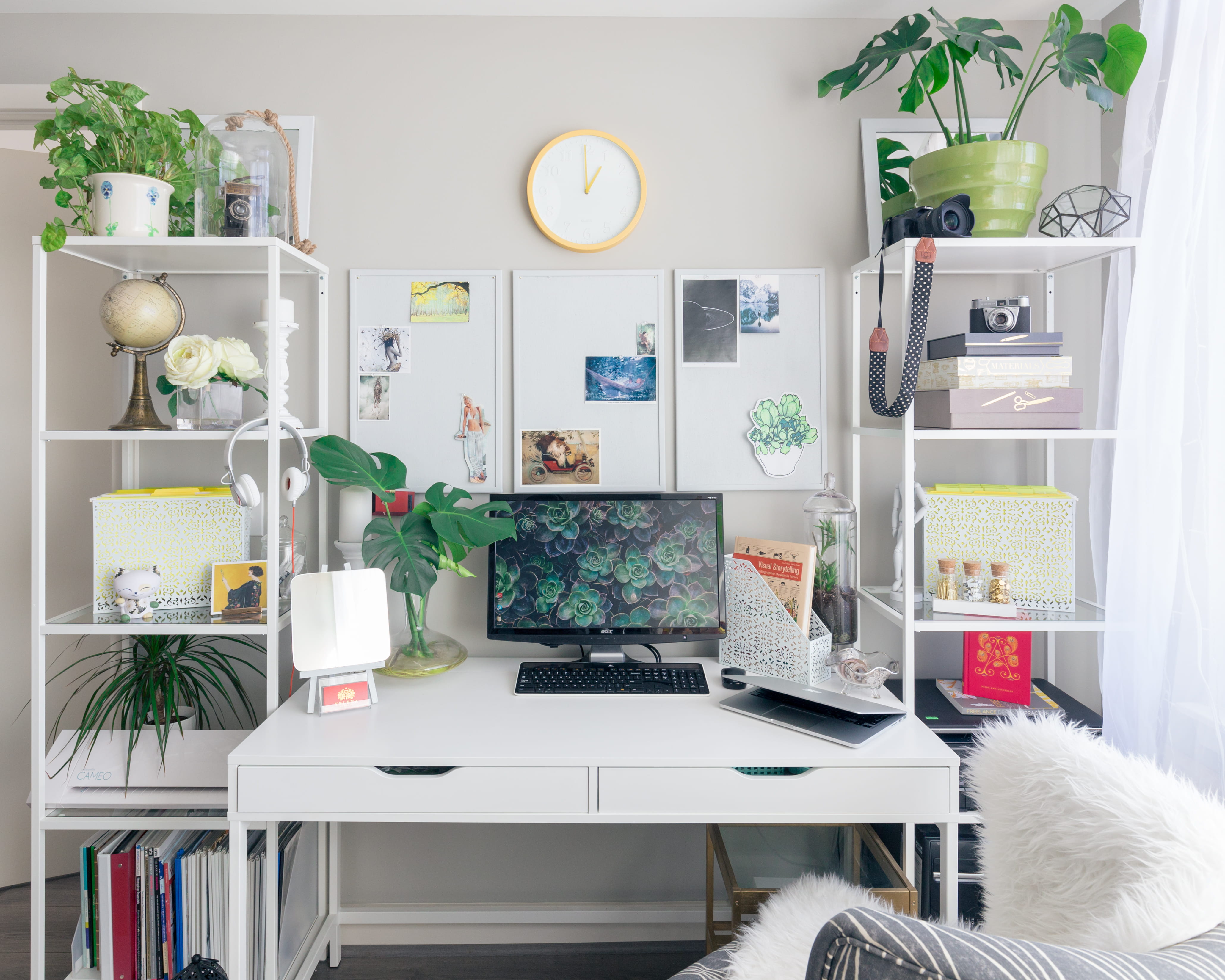 interior design, screen, chair, shelf, kitchen, table, white color, communication, battle station, creative, book, green office, clock, girl space, publication, HD Wallpaper