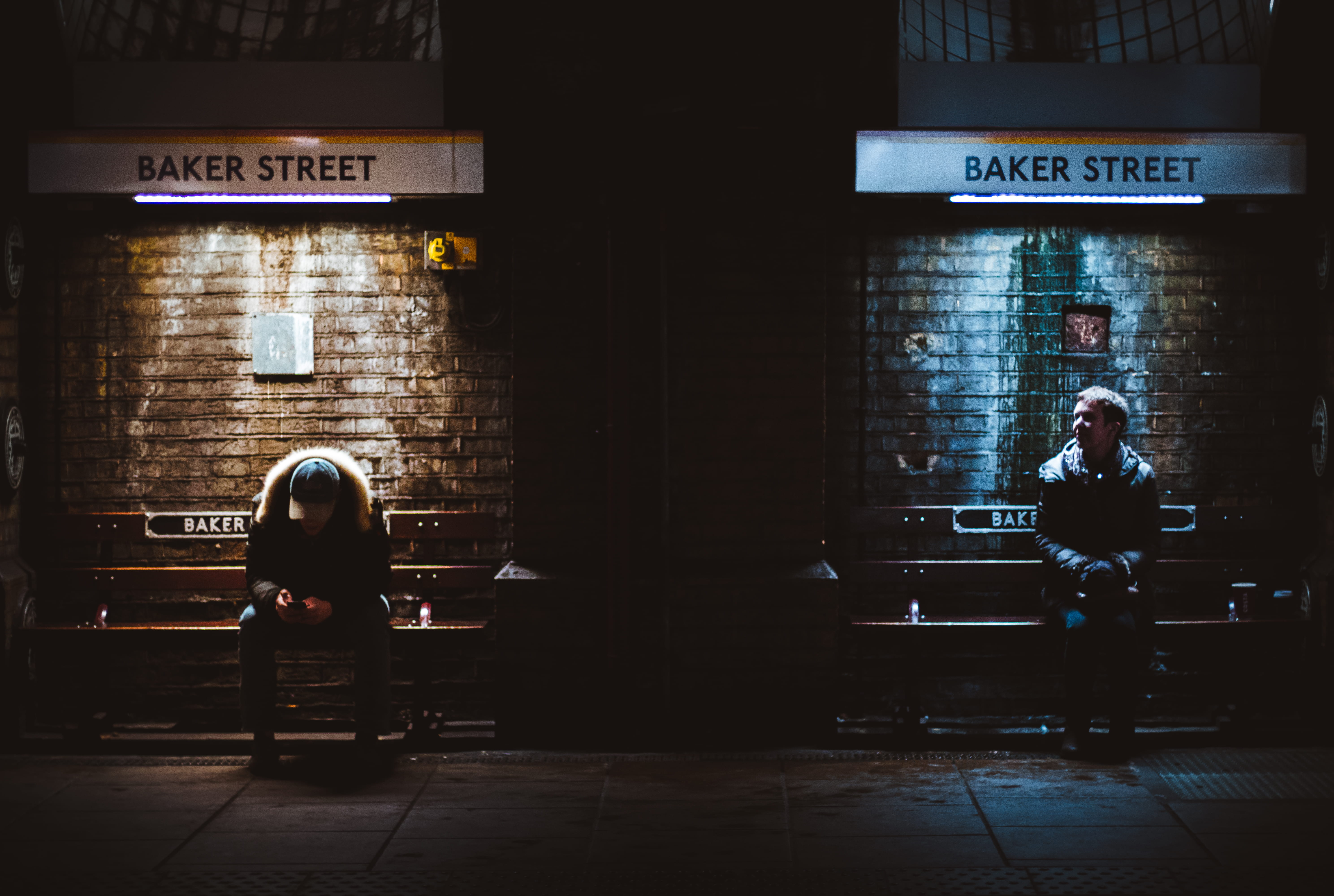 5K, bench, men, two people, chair, portrait, western script, wall, two, indoors, flooring, man, architecture, street, full length, baker, illuminated, HD Wallpaper