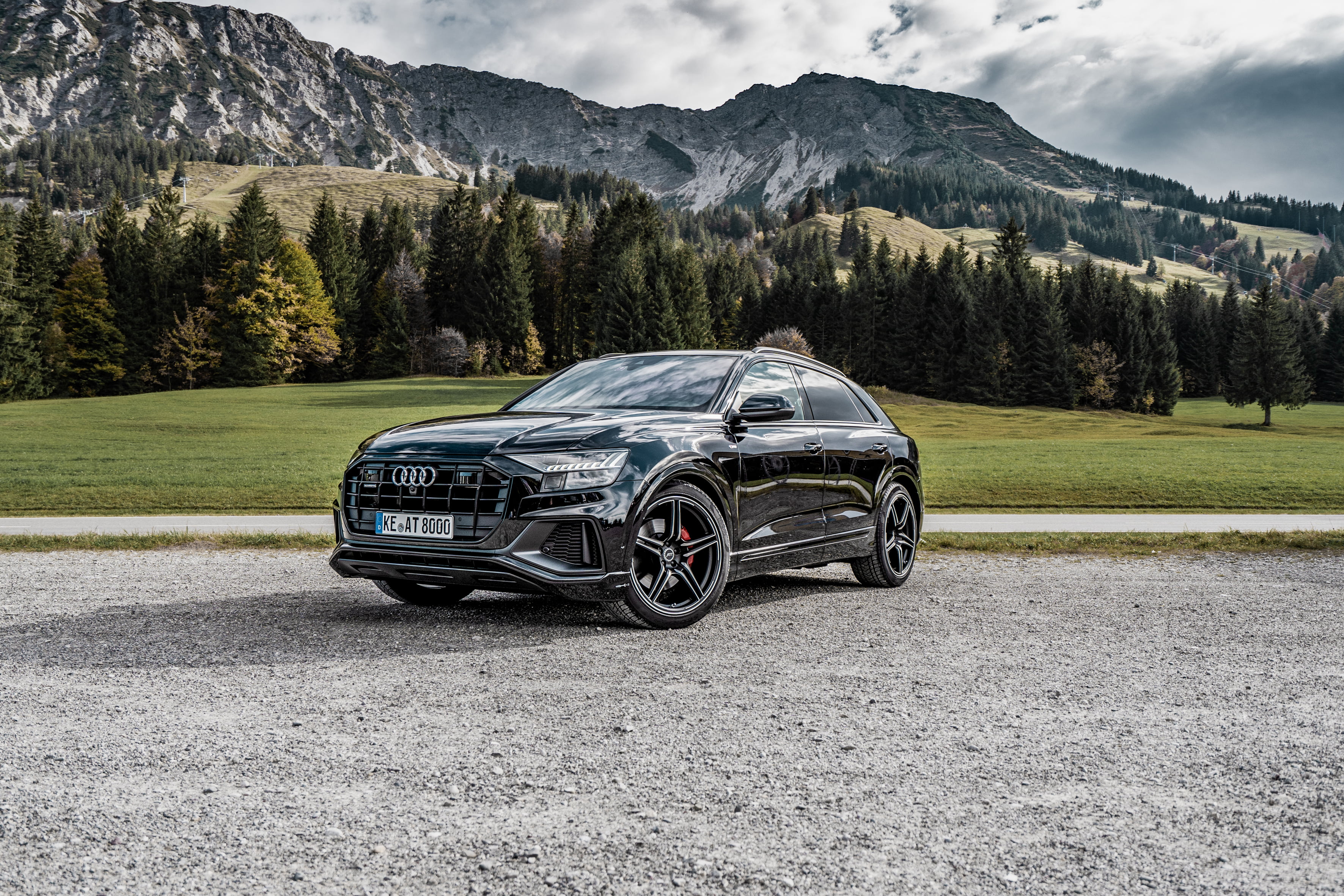 mountains, black cars, landscape, car, abt audi q8, Audi, numbers, 2K, vehicle, Audi Q8 2019, HD Wallpaper