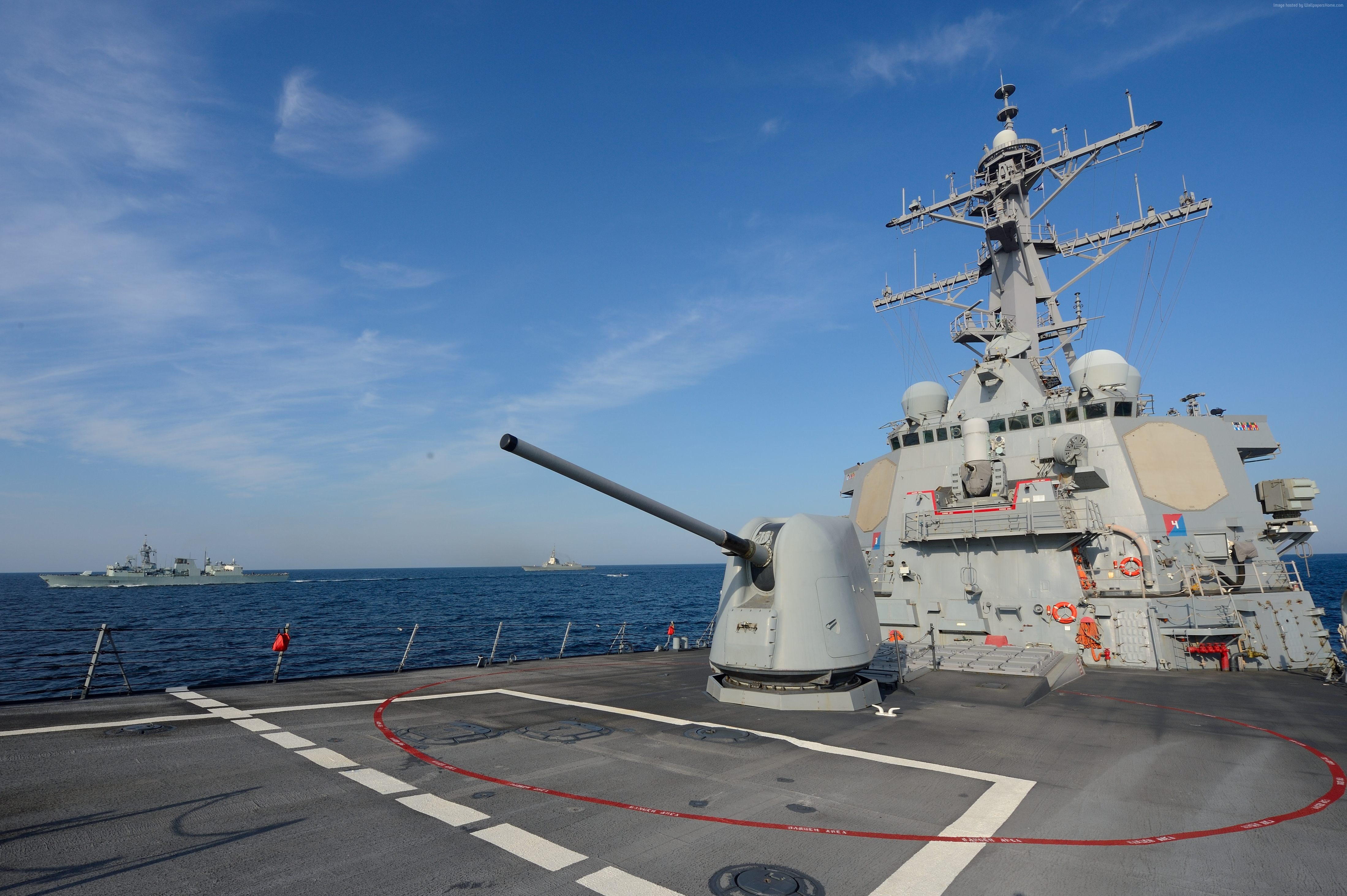water, sky, day, airplane, travel, sea, navy, nature, military, outdoors, USS Ross, ship, cloud - sky, USA Navy, 4K, horizon, DDG-71, air vehicle, horizon over water, HD Wallpaper