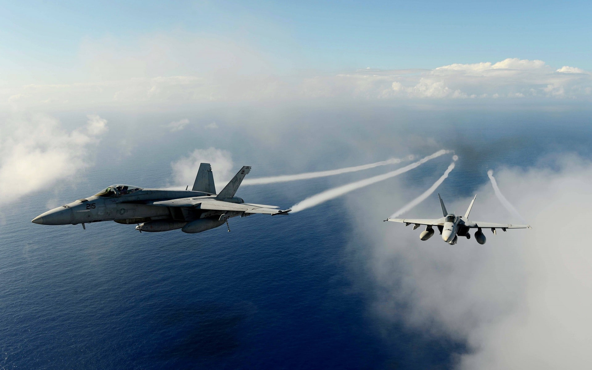 air force, plane, flying, military airplane, on the move, smoke - physical structure, Boing F/A-18F Super Hornet, fighter plane, sea, 1080P, transportation, HD Wallpaper