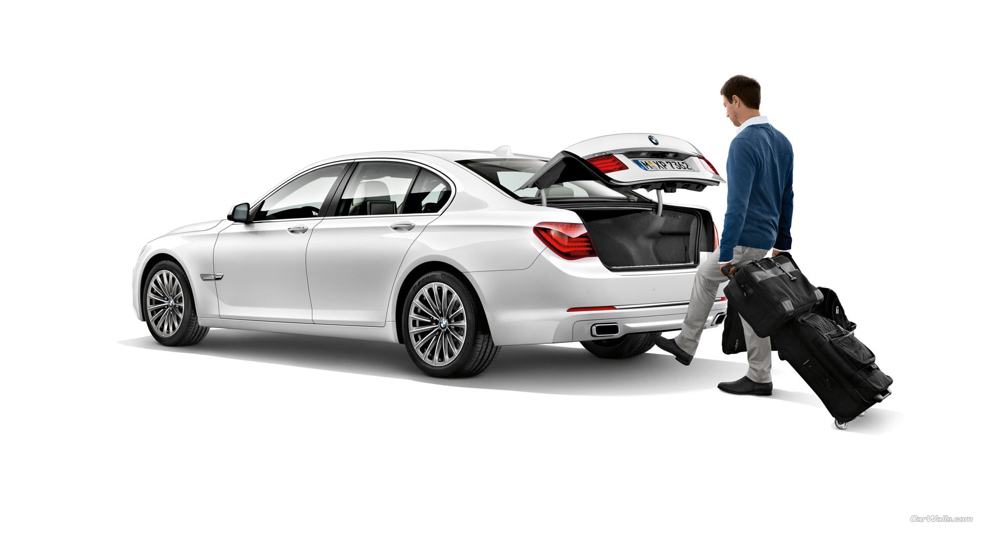 motor vehicle, indoors, white cars, cut out, side view, refueling, luxury, studio shot, BMW 7, transportation, vehicle, 1080P, white background, profile view, HD Wallpaper