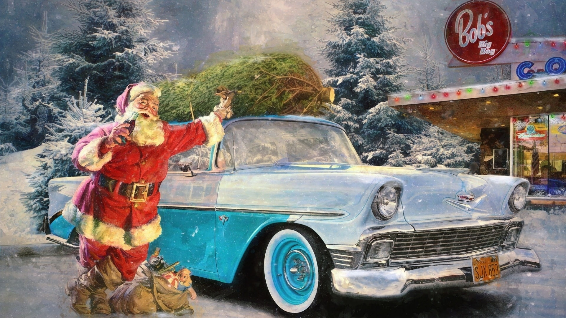 snow, car, christmas, cola, spruce, claus, winter, advertising, refueling, santa, 1080P, HD Wallpaper