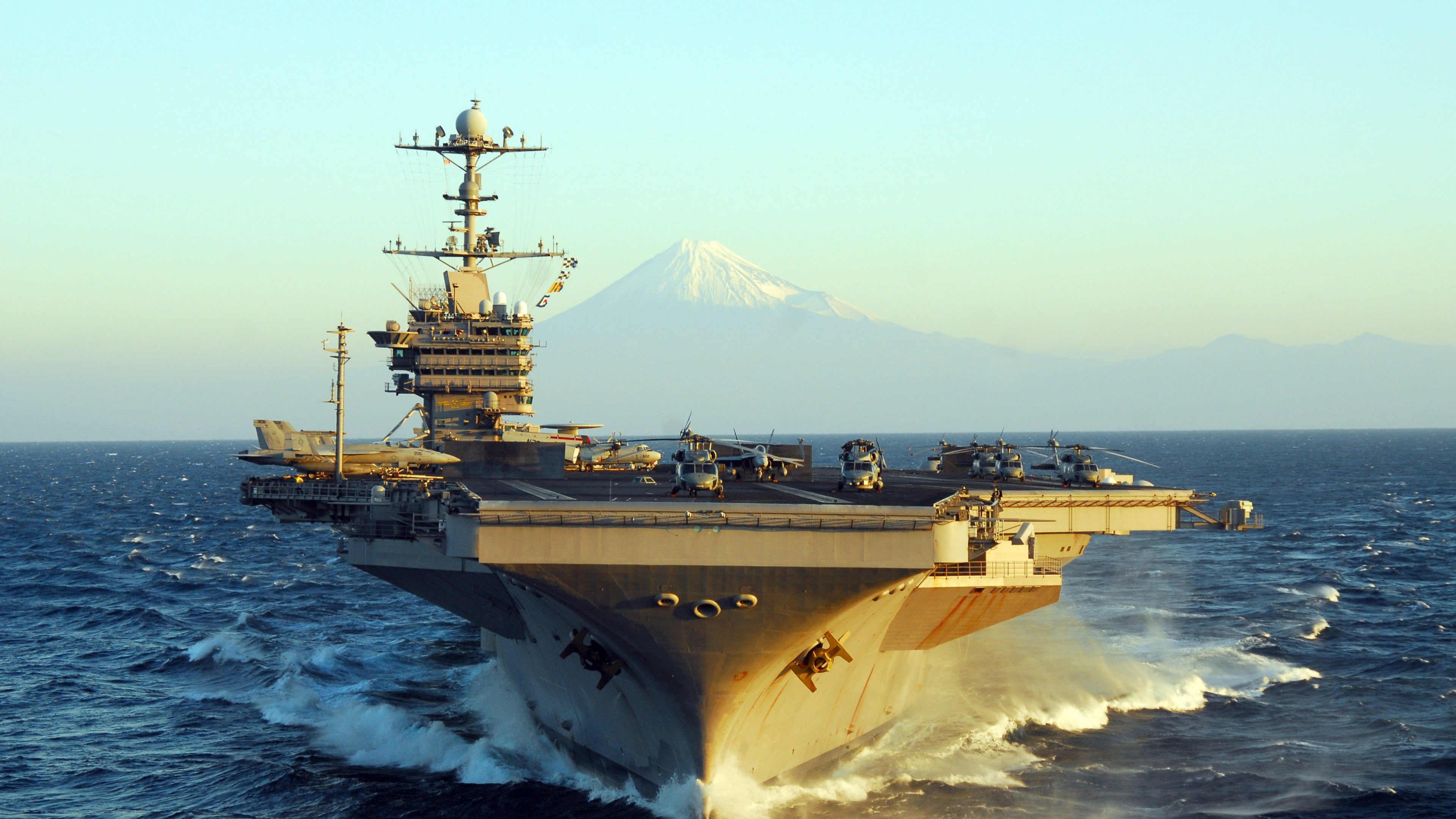 CVN-73, 4K, mountain, USS George Washington, U.S.Navy, Fuji Japan, aircraft carrier, Nimitz class, HD Wallpaper