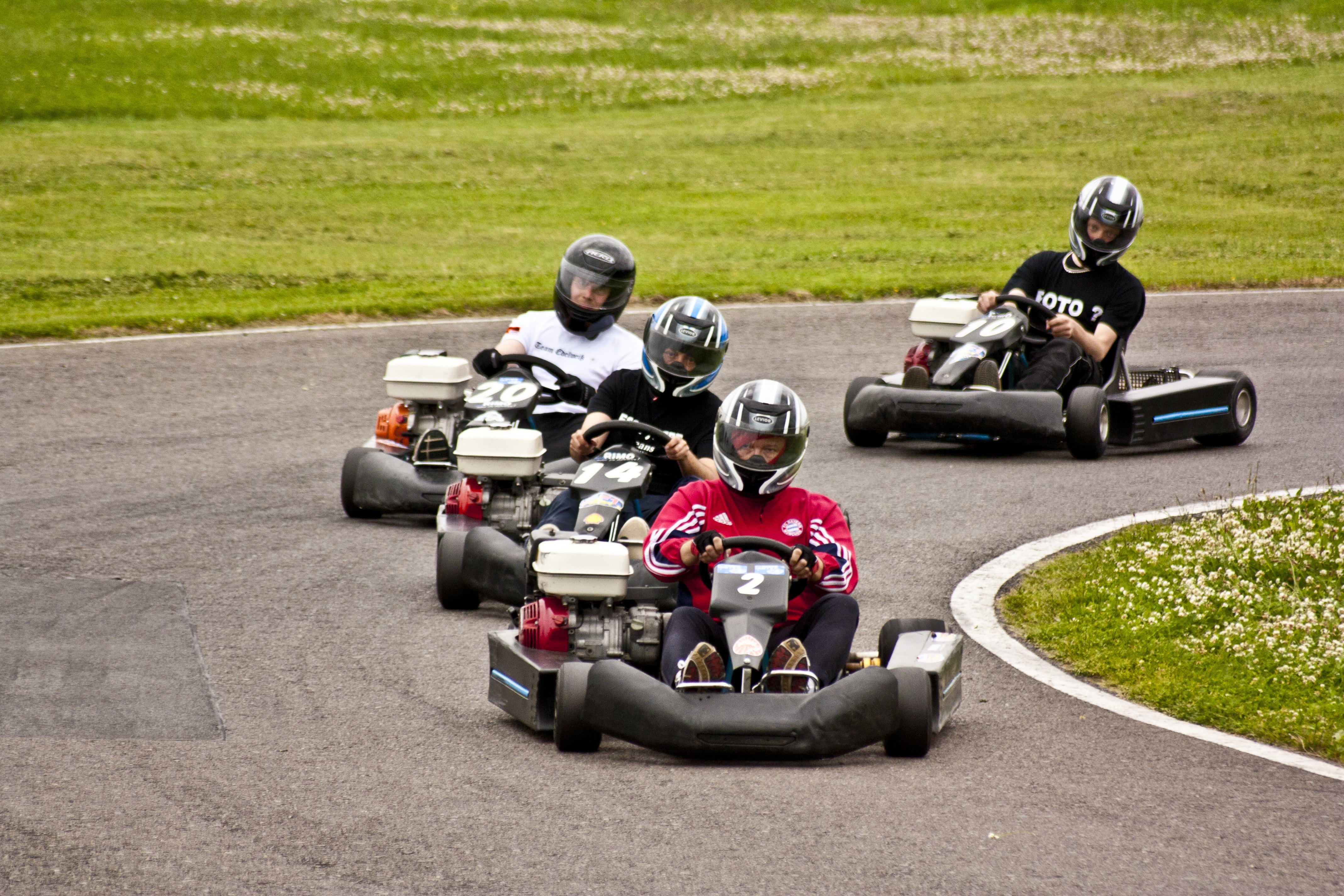 four, kart, road, group of people, people, go kart track, crash helmet, riding, motorsport, sports helmet, day, headwear, men, motor racing track, kart racing, HD Wallpaper
