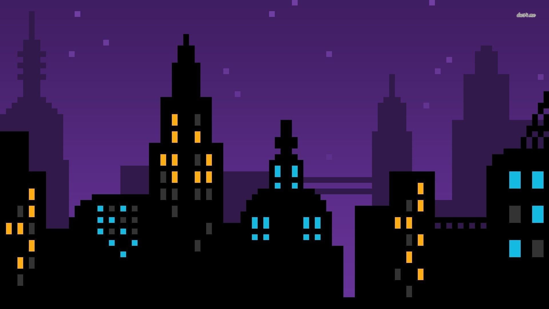 black, purple, 8-bit, pixels, vector art, 1080P, cityscape, pixel art, skyline, yellow, city, blue, HD Wallpaper