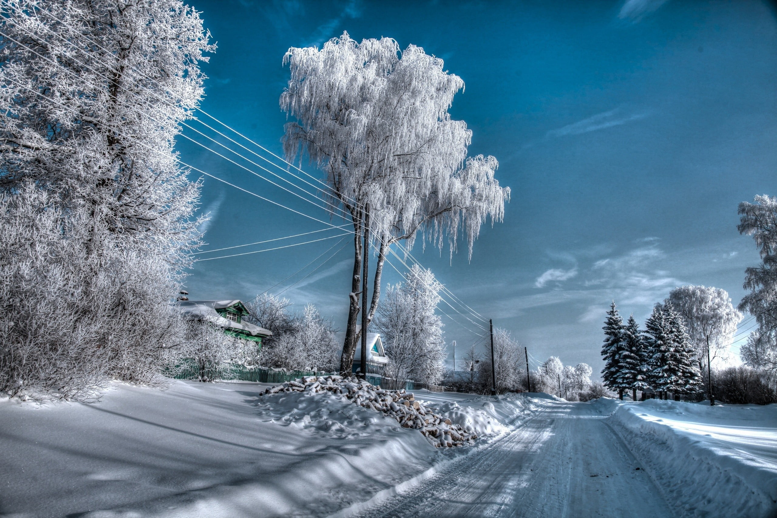 white color, landscape, filled, electricity, beauty in nature, Russia, winter, cold temperature, road, snow, outdoors, non-urban scene, 2K, transportation, HD Wallpaper