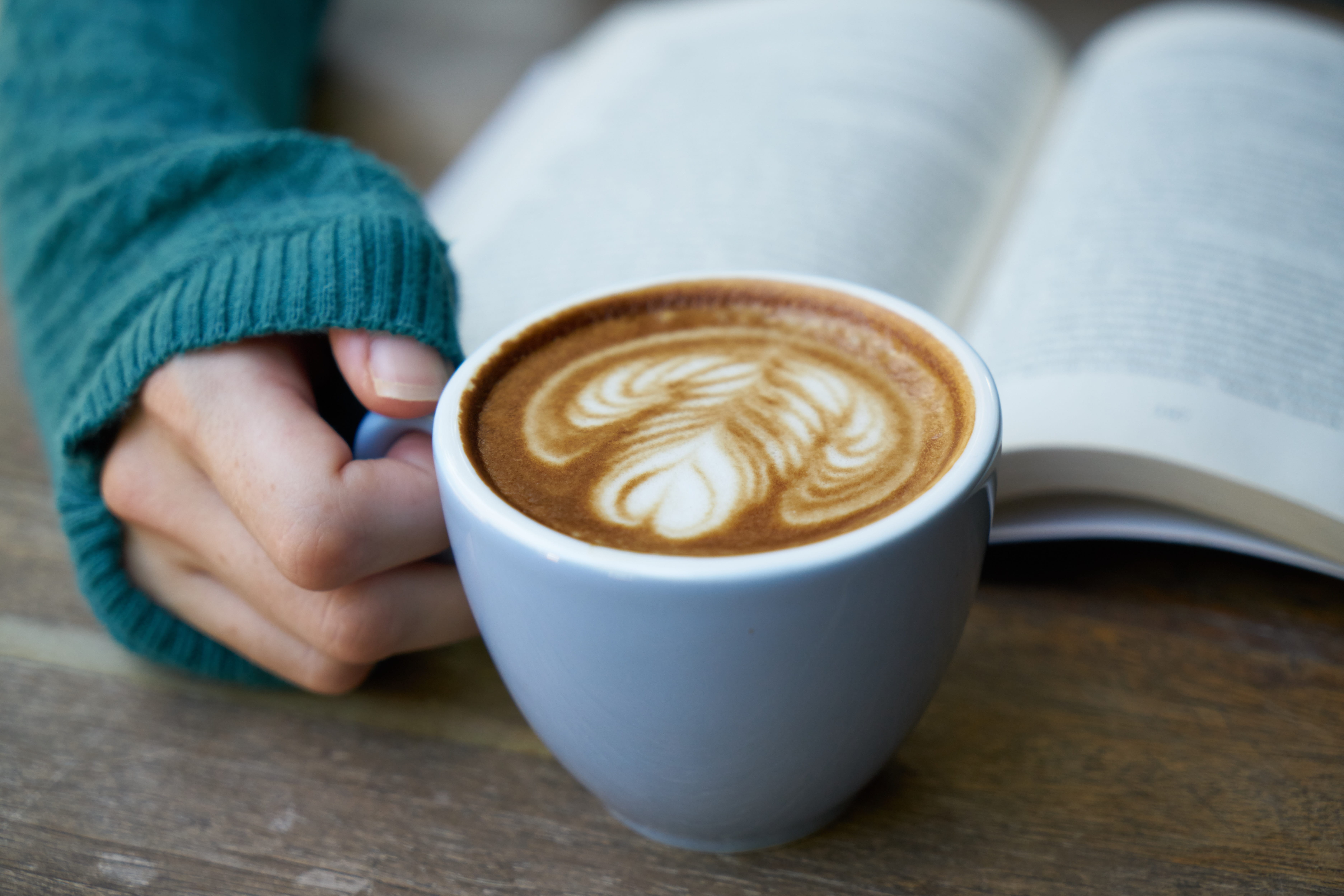 detail, food photo, person, close-up, kitchen, good morning, cup, cappuccino, wake, design, blue, caffeine, frothy drink, Photo, cafe, 5K, focus on foreground, HD Wallpaper