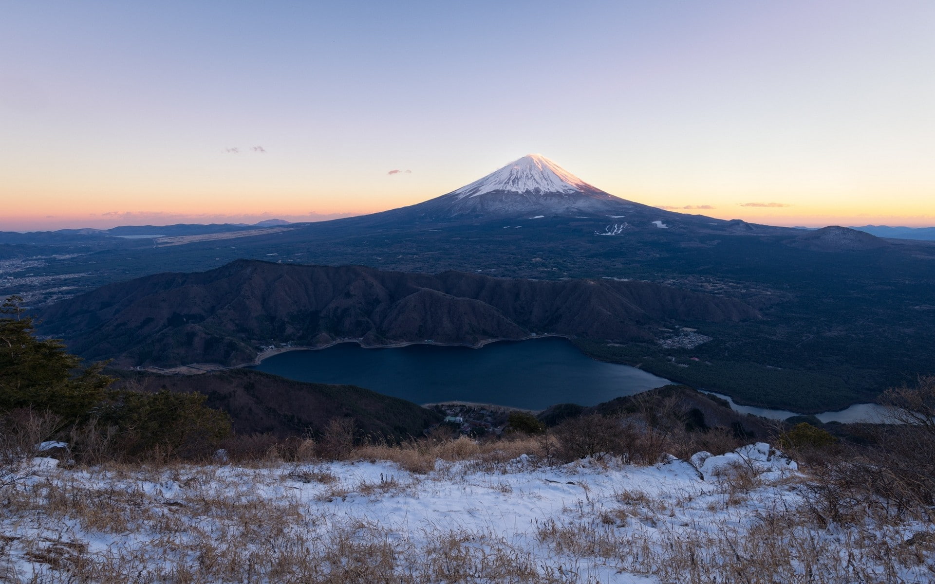 scenics - nature, cold temperature, Mount Fuji, mountain, snow, non-urban scene, volcano, tranquility, mountain range, landscape, outdoors, sunset, water, HD Wallpaper
