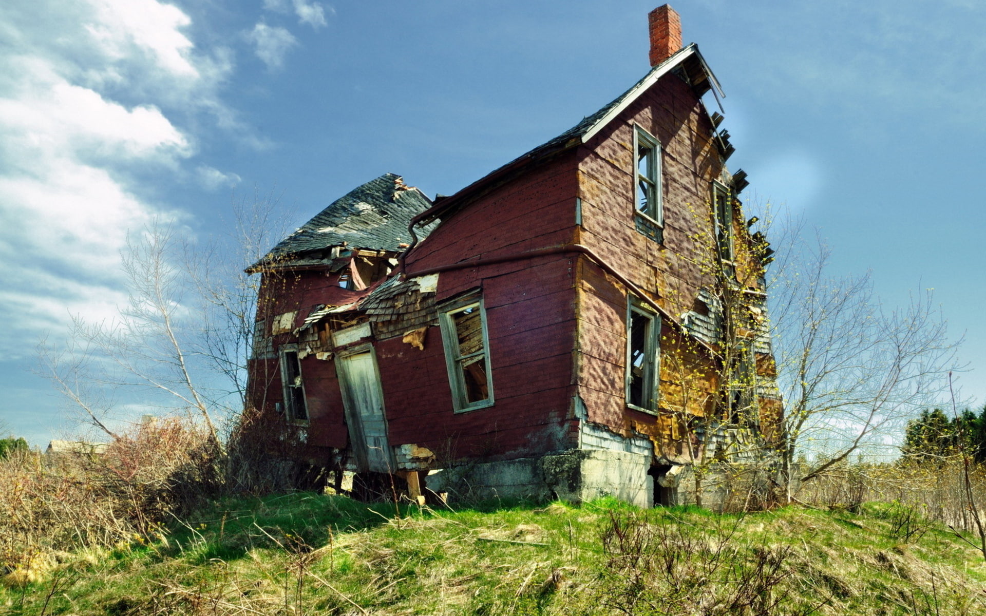 1080P, field, abandoned, desolate, sky, ruin, house, HD Wallpaper