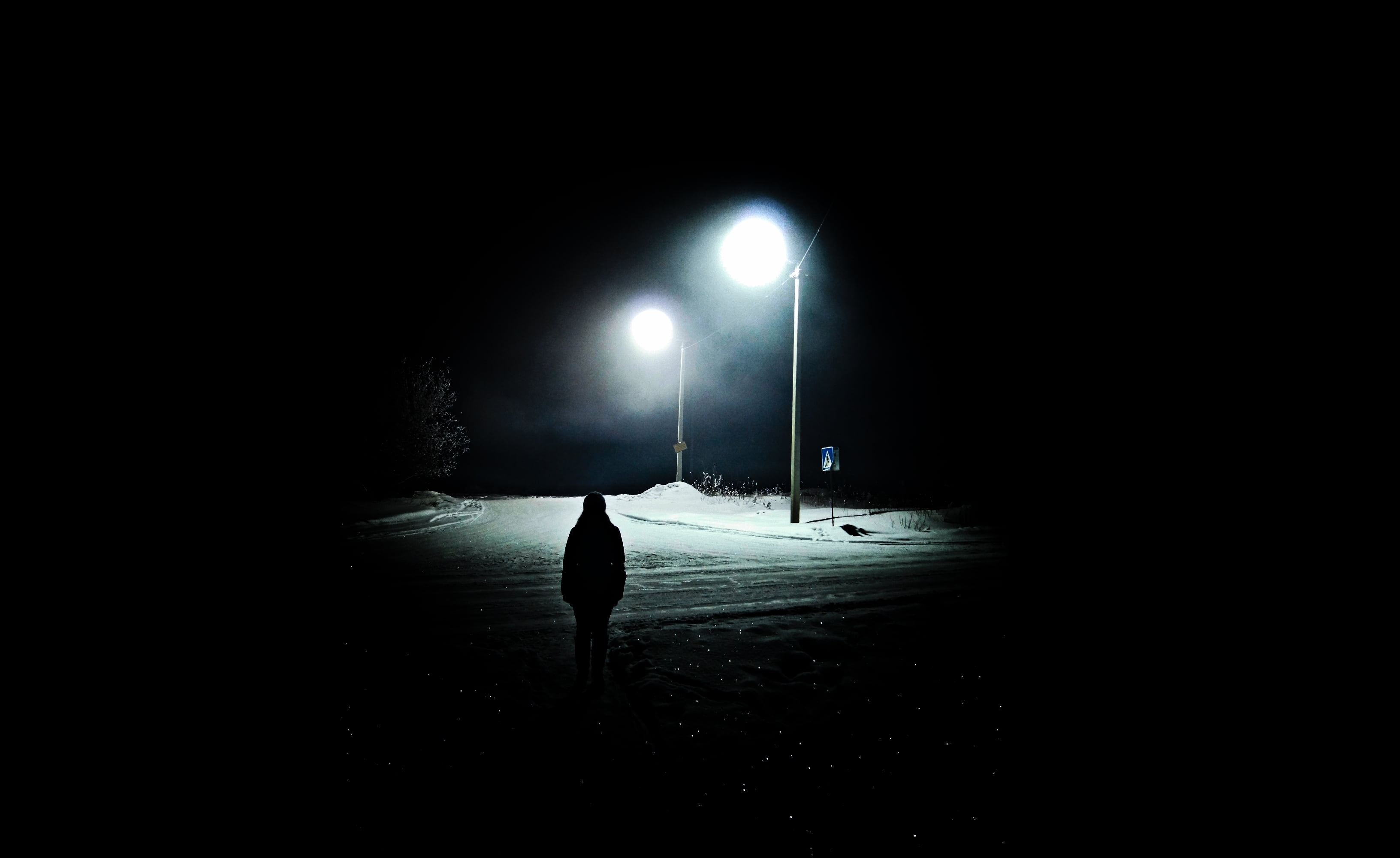 snowing, street light, 2K, one Person, dark, street, brown, black Color, road, people, spooky, snow, car, unrecognizable person, backgrounds, adult, young Adult, HD Wallpaper